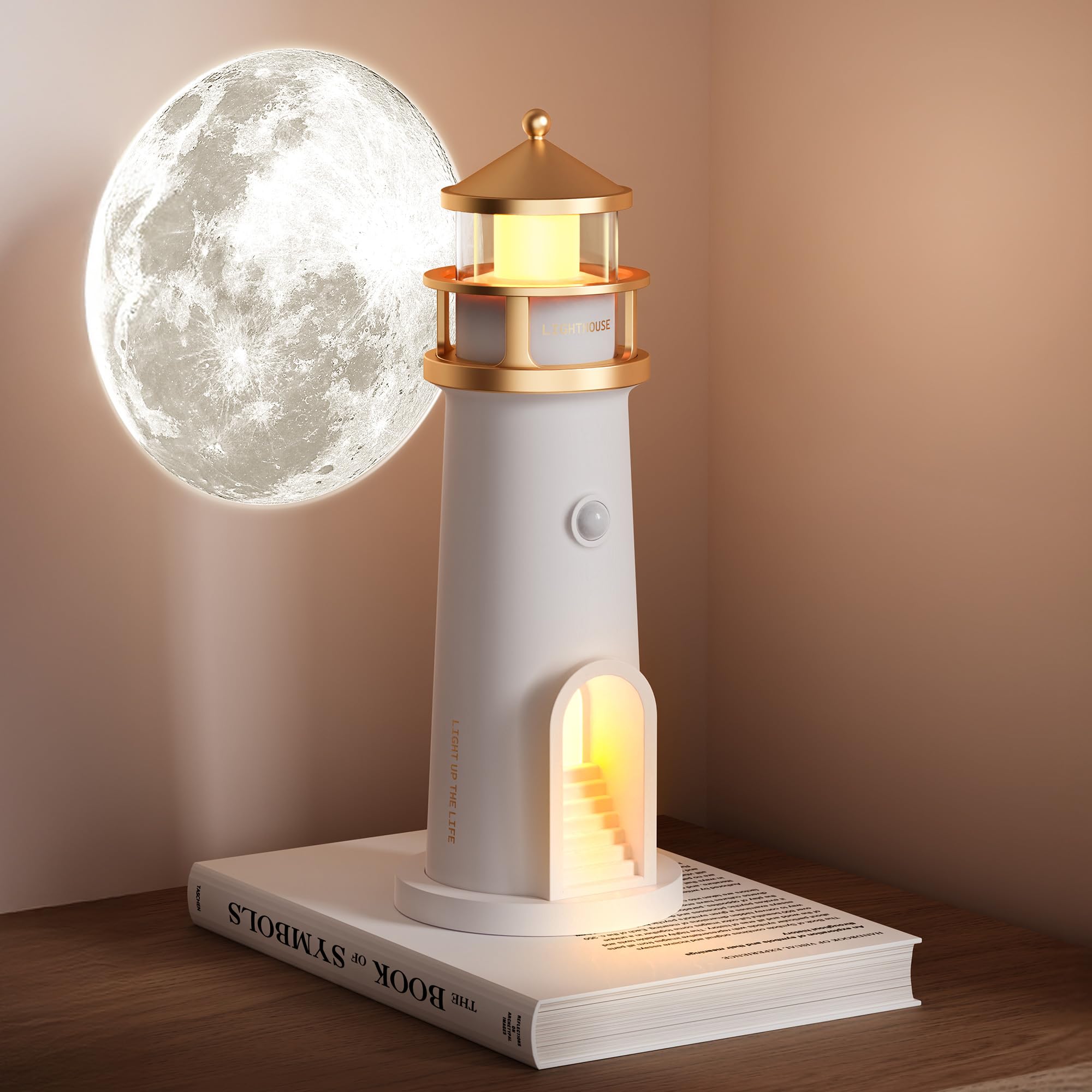 Newsee Led Cordless Night Lights Set Of 2, Wireless Portable Motion Sensor Moon Lighthouse Lamp, Rechargable Battery Powered Tab