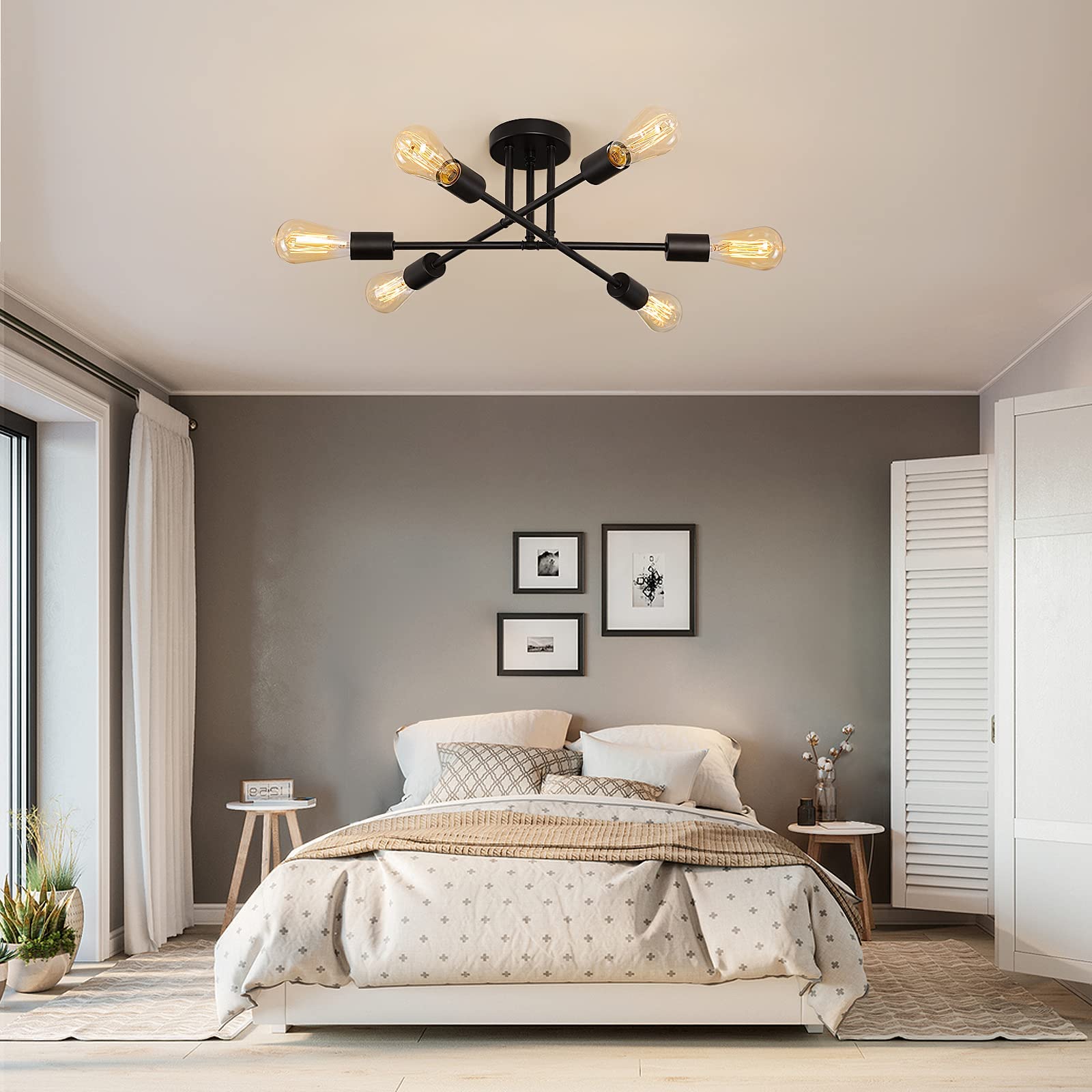 Meixisue Black Modern Sputnik Chandelier Ceiling Light Fixtures,6-Lights Industrial Metal Semi Flush Mount Ceiling Light For Bed