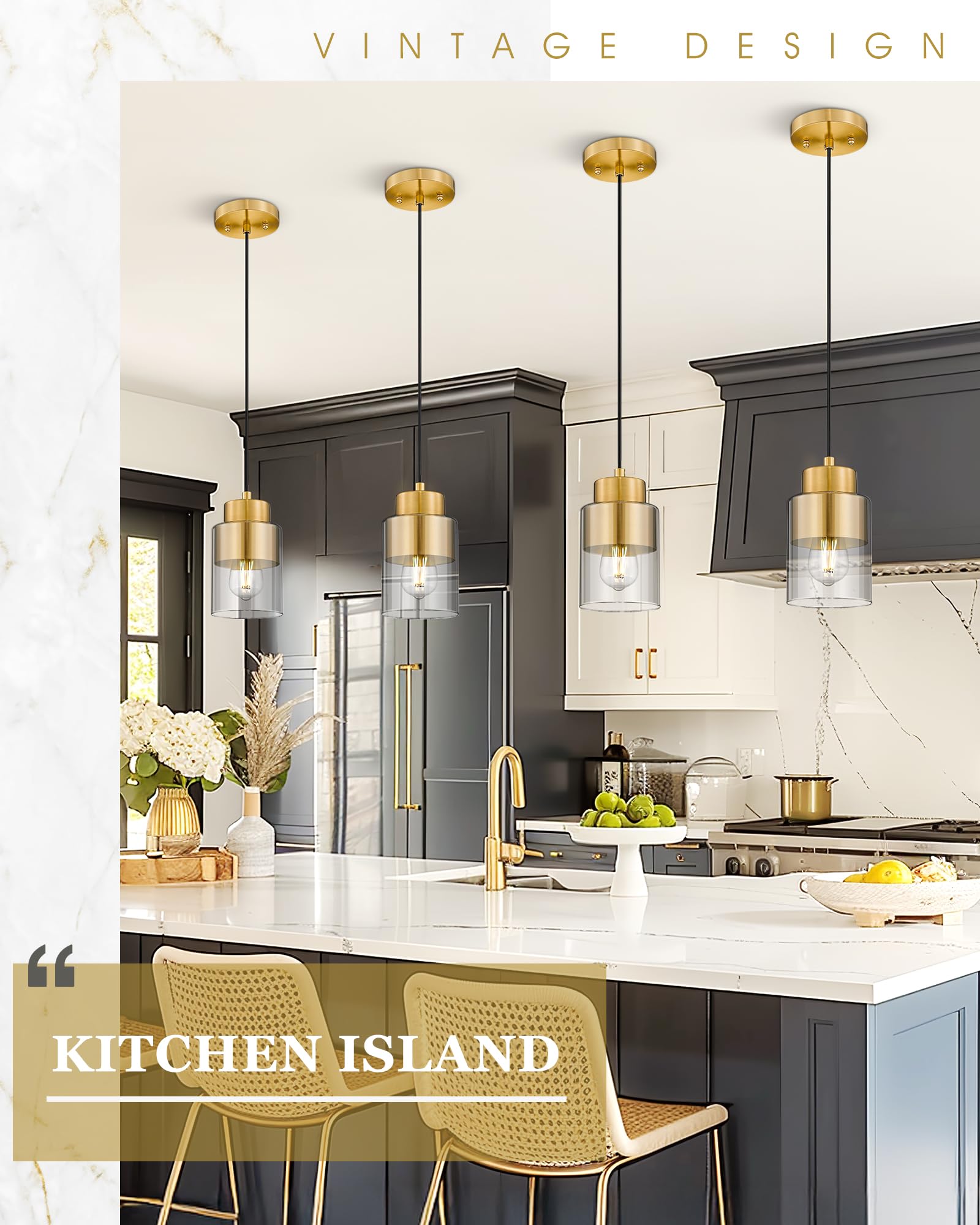 Audickic Gold Pendant Lights Kitchen Island  Dual Shade Hanging Lights Fixtures With Metal And Clear Glass  Modern Brass Kitchen Pendant Lighting Over Island For Dining Room  Ad-24022-1P-Gd