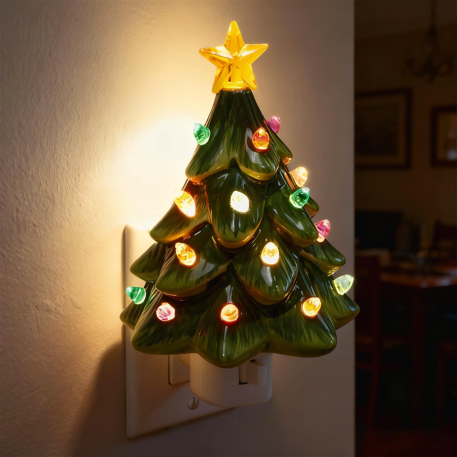 Lasumora Christmas Decorations  Ceramic Christmas Tree Night Light  1 Pack Vintage Christmas Decorative Night Light With On/Off Switch  Holiday Decor Indoor For Bedroom & Hallway