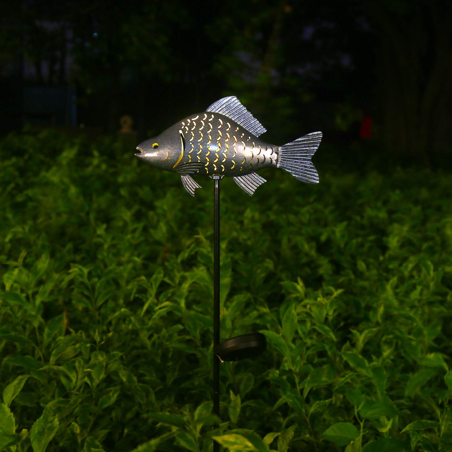 KAIXOXIN Solar Garden Lights Metal Fish Decorative Stake, Warm White LED, Silver-1, Model DSM016S