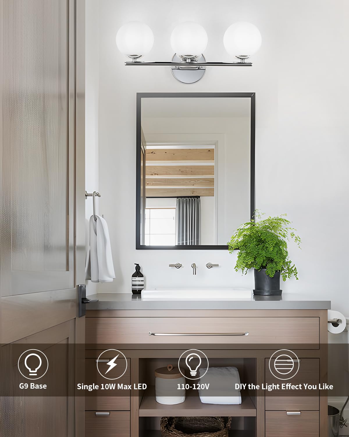 foucasal Chrome Globe Bathroom Light Fixtures, 3-Light Vanity Sconce, 11.81" Metal & Plastic Shades, Model ULYQBD47-3D