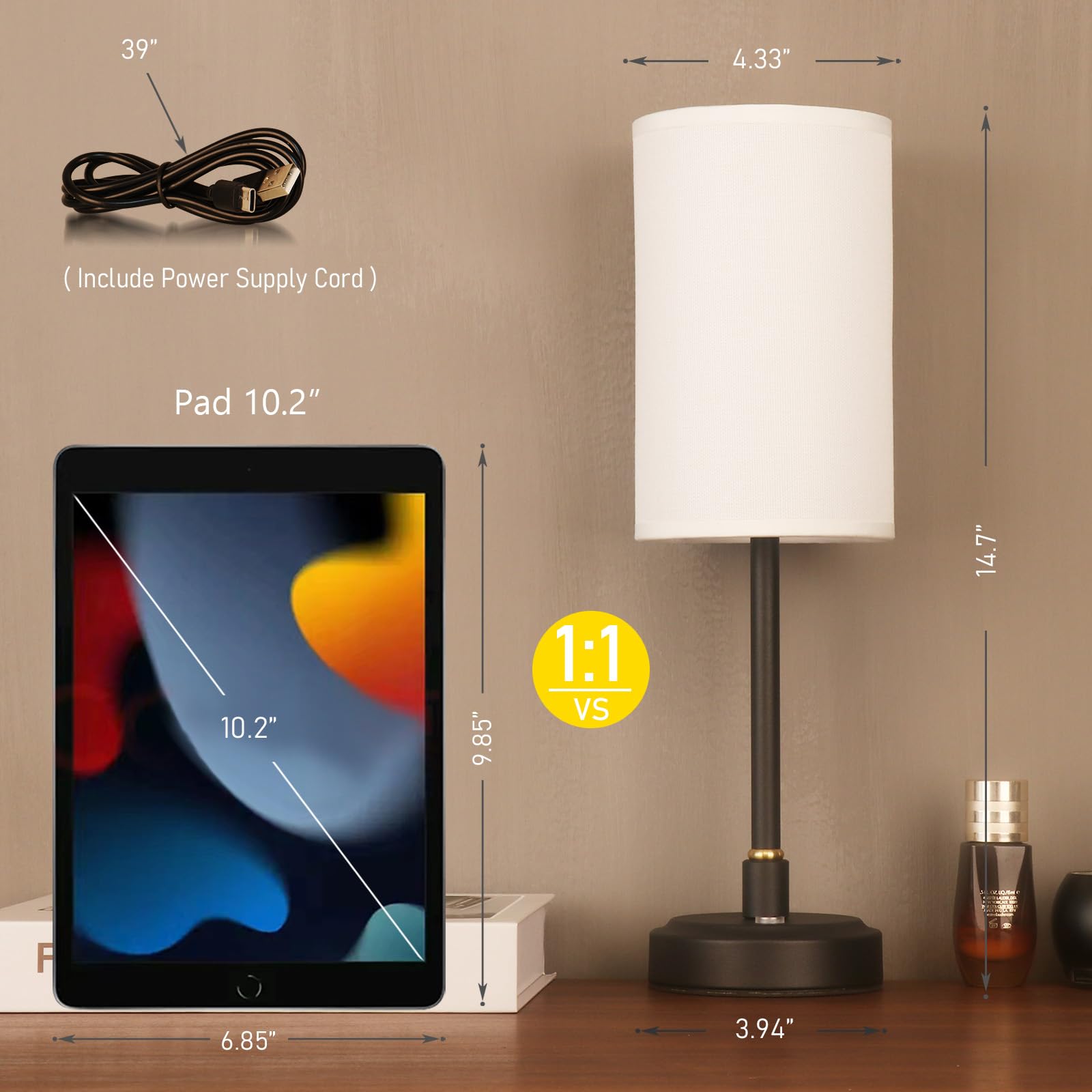 Psdsshiis Small Cordless Touch Lamps For Nightstand Lamp Battery Operated Rechargeable Lamp, Portable 3 Colors Stepless Dimmable Fabric Shade Night Light For Restaurant/Bedroom/Outdoor (White+Black)