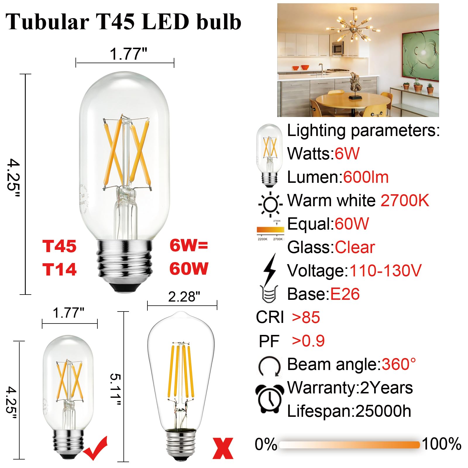Litehistory E26 Led Bulb 6W Equivalent E26 Led Bulb 60 Watt Dimmable Warm White 2700K E26 Edison Bulb Ac120V 600Lm Tubular T14 T45 Led Bulb For Pendant, Sputnik,Vanity,Chandeliers Pack Of 6