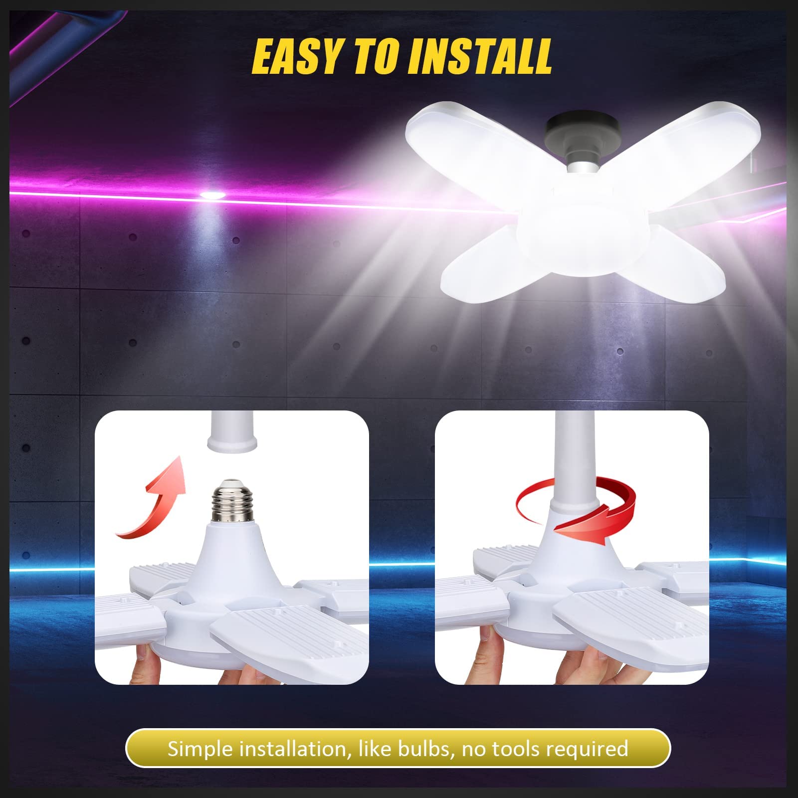 Coomoors LED Garage Lights 2 Pack, 4 Foot Adjustable Ceiling Light, 6500k 8000LM Deformable E26/E27 Garage Lights for Shop, Base