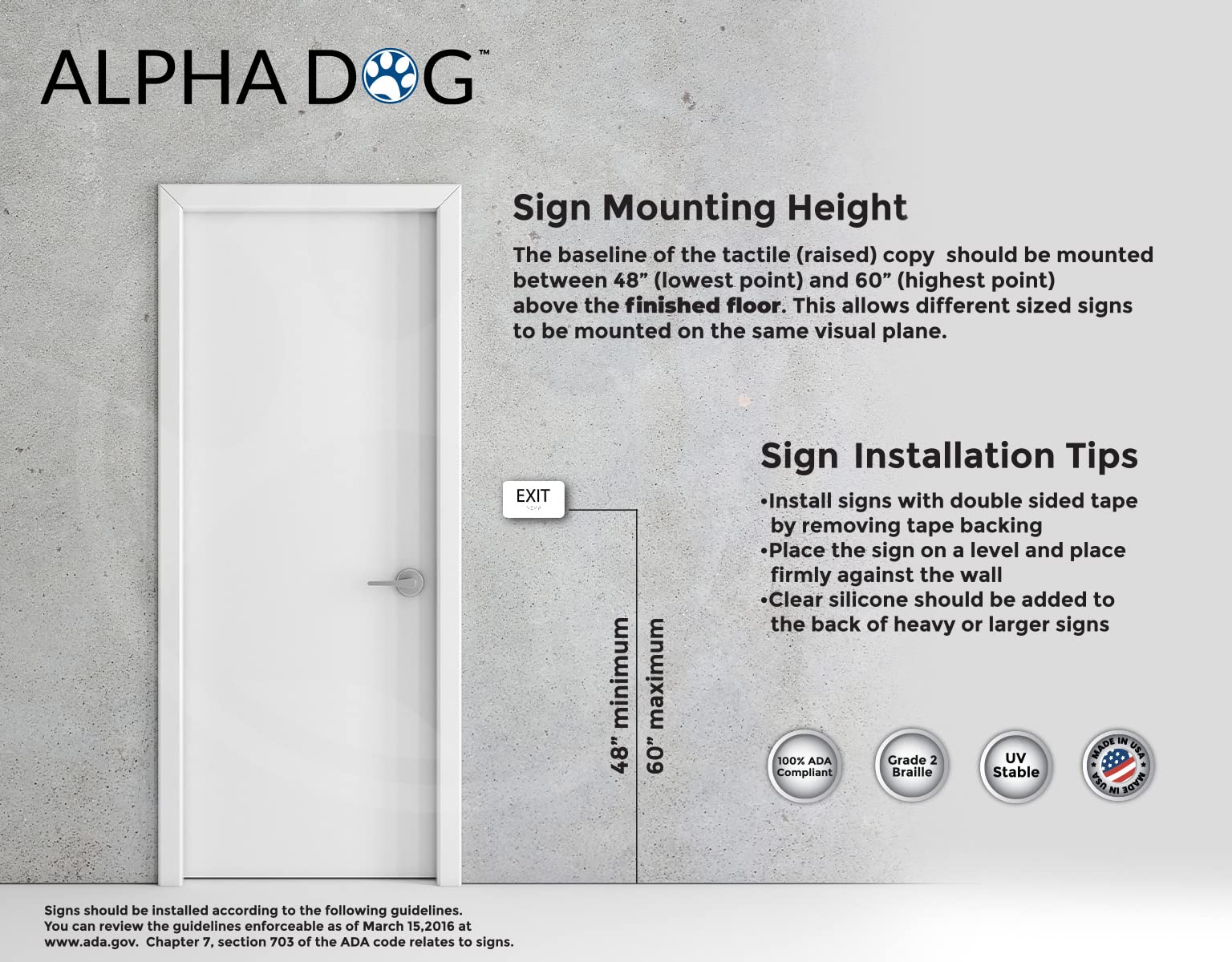 Alpha Dog Ada Signs Braille Exit Sign 3X5 Inch Ada Compliant Indoor Outdoor Business Easy Install Usa Made (White)