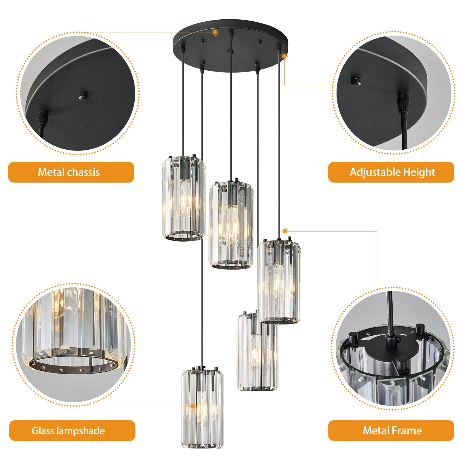Zhllmq Black Pendant Lighting Modern Pendant Light  Mini Crystal Chandeliers Adjustable Pendant Light Fixture For Kitchen Island Dinning Room Corridor Bedroom(Gold 5-Light)