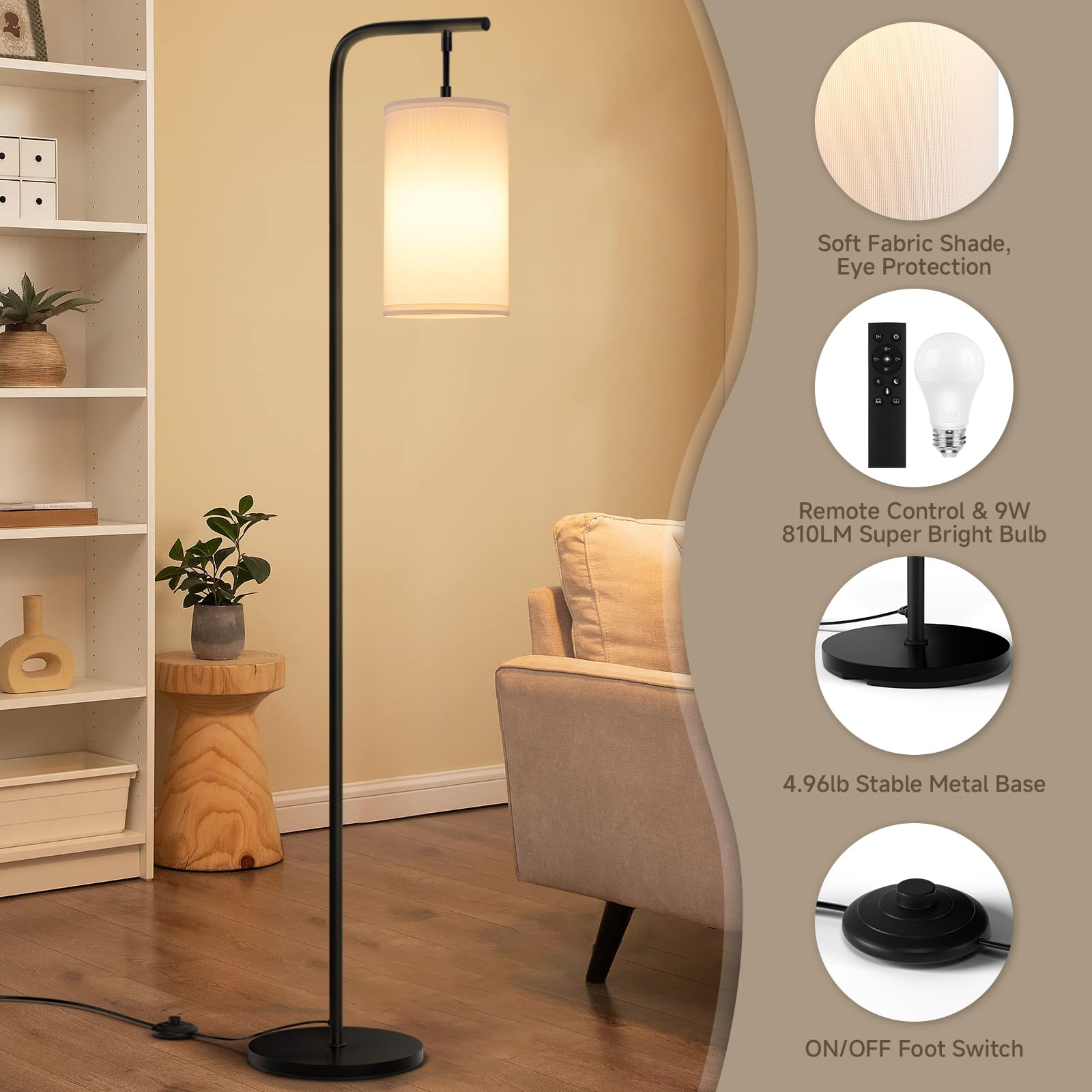 Coucrek Floor Lamp For Living Room, 9W Led Bulb, Remote Custom Color Temperature & Brightness, Tall Standing Lamps For Bedroom O