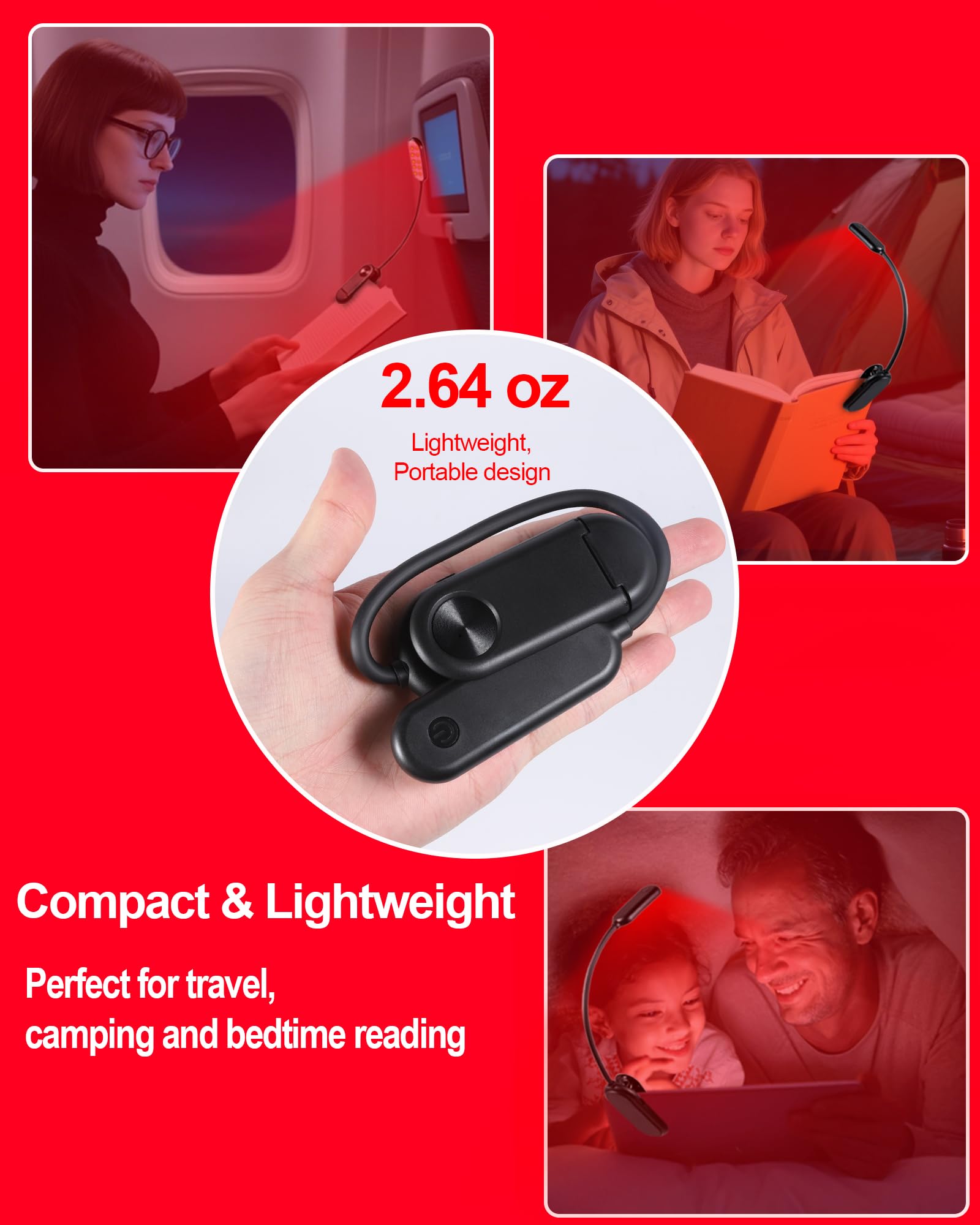 Finezeal Rechargeable Red Book Light - Portable LED Therapy Lamp, 3 Modes, Clip-On, Black-1 Pack
