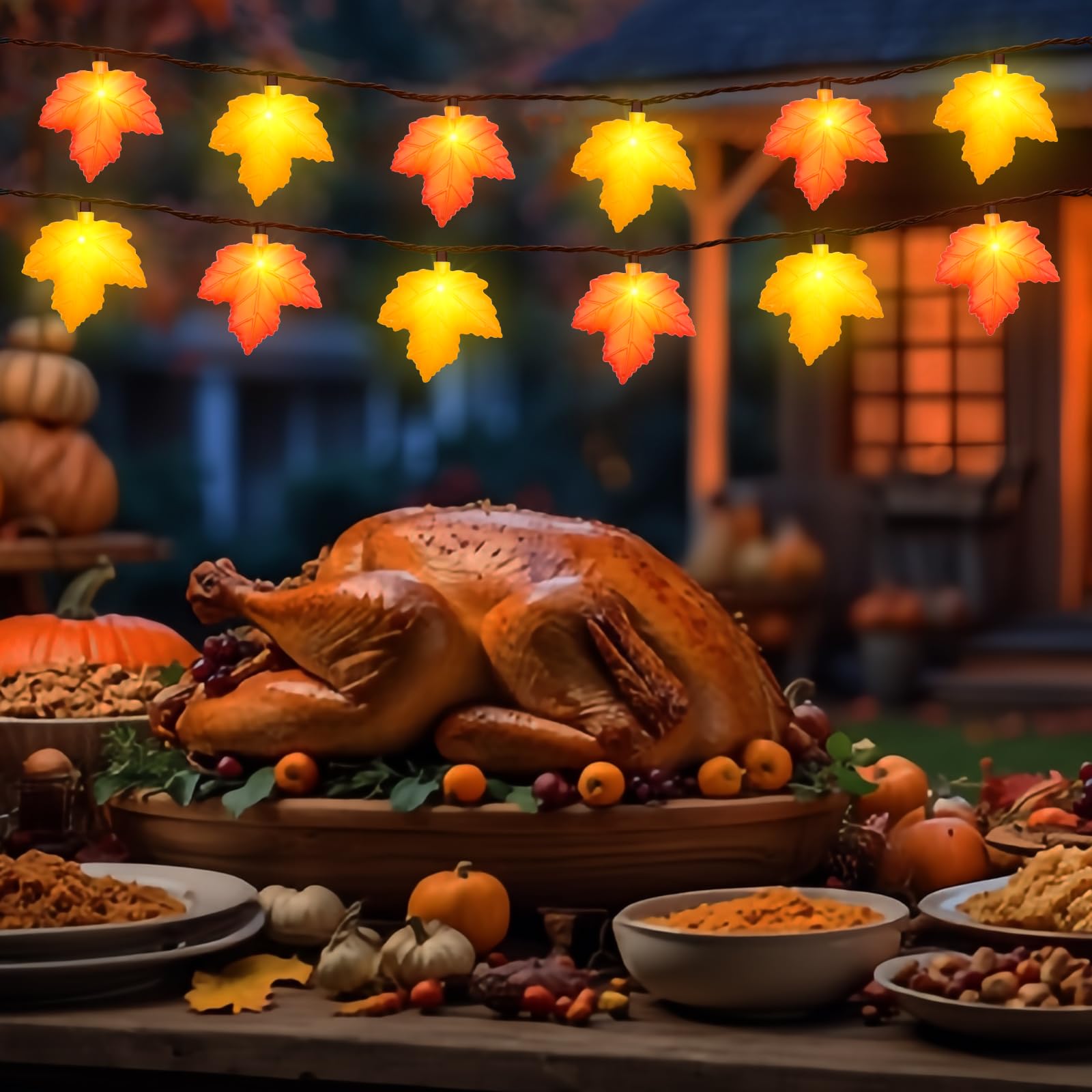 Fall Decor Maple Leaf String Lights, 8.5 FT 3D Maple Leaf Lights 10 LED Orange & Yellow Maple Leaf Plug in Fall String Lights fo