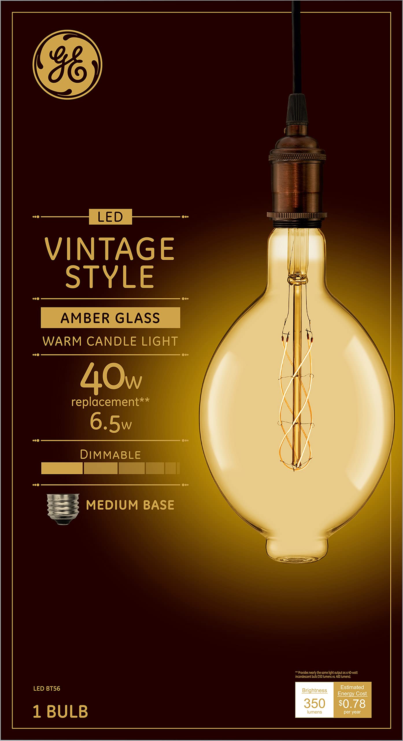 GE Vintage Style LED Light Bulb, 40W Equivalent, Amber Glass, BT56, Medium Base, 1 Pack
