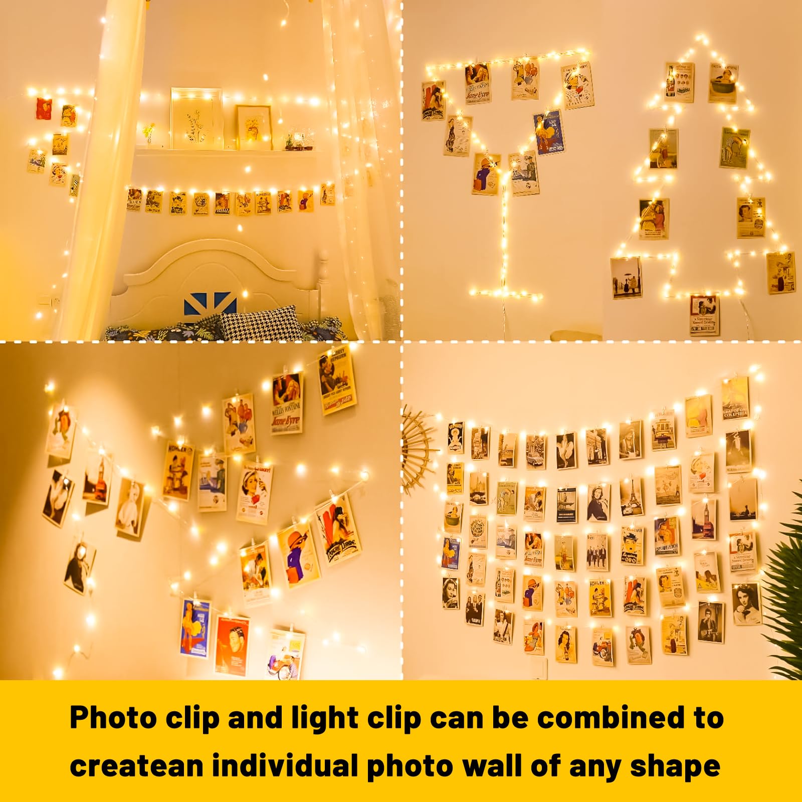 Hxweiye 50Leds Battery Powered Fairy Lights, Warm White, 16.4Ft With 52 Clips & 10 Hooks For Pictures, Model Hy100150-120