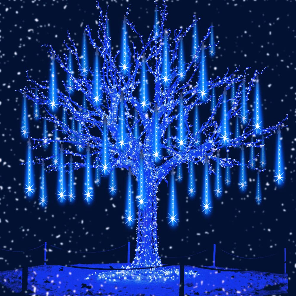 Aukora LED Meteor Shower Lights, 11.8 inch, 8 Tubes, 192 LEDs, Blue, Outdoor Christmas Icicle Decorations, Model AU-FA-002