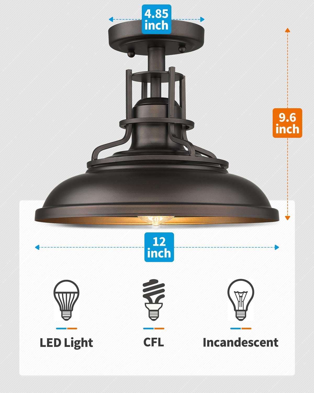 FEMILA 1-Light Semi Flush Mount Ceiling Light Fixture, 12in Oil Rubbed Bronze, Model 4FY15-F ORB, Farmhouse Style for Hallway, Porch, Foyer