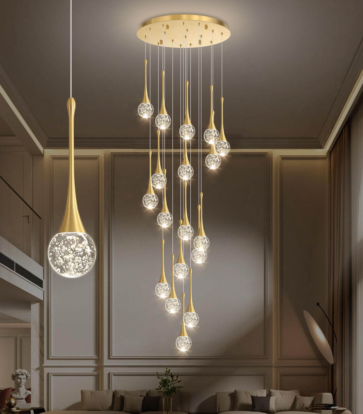 Cenozo 18 Light Modern Glam Crystal Chandelier LED Dimmable Metal Antique Gold RS2037-18G for High Ceilings, Staircase, Living Room