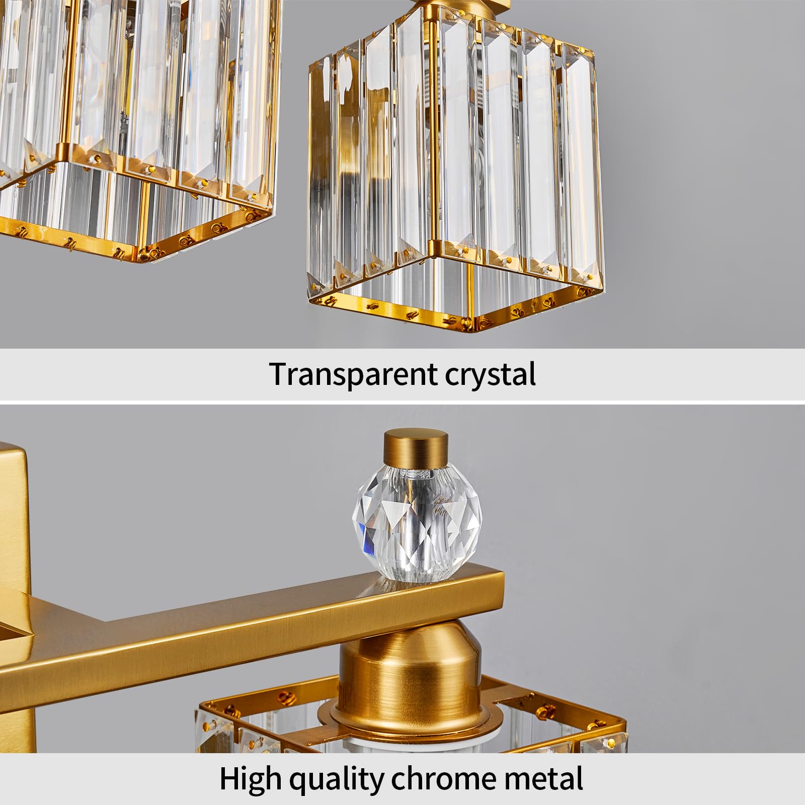FDPBY 3-Light Bathroom Vanity Light Fixture, Gold Square Metal, Model 290, Modern Crystal Design, Over Mirror Lighting