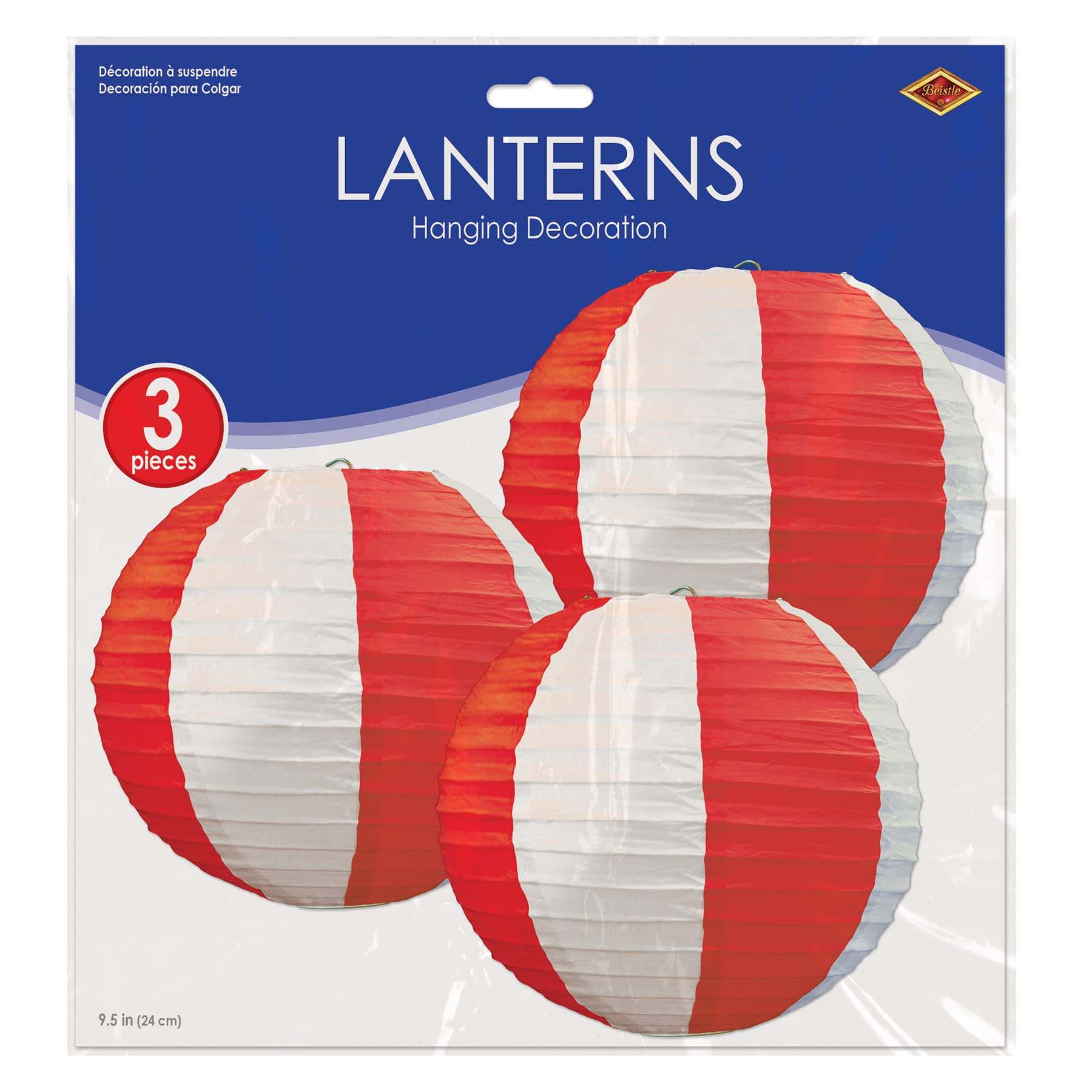 Beistle Stripes Paper Lanterns, 9 1/2-Inch, Red/White