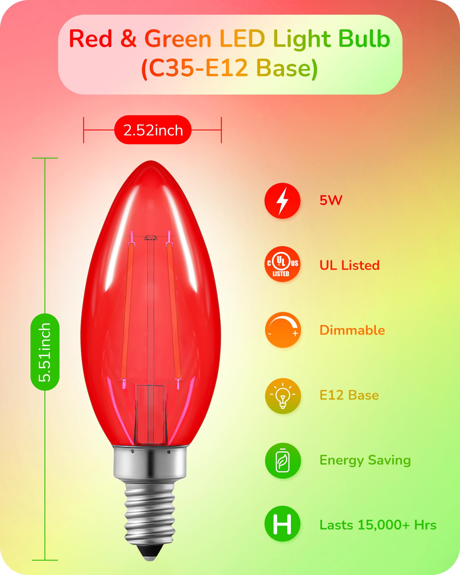 EDISHINE C35 Dimmable LED Light Bulbs, 5W Equivalent, Clear Glass, Red & Green, E12 Socket, 6 Pack, UL Listed
