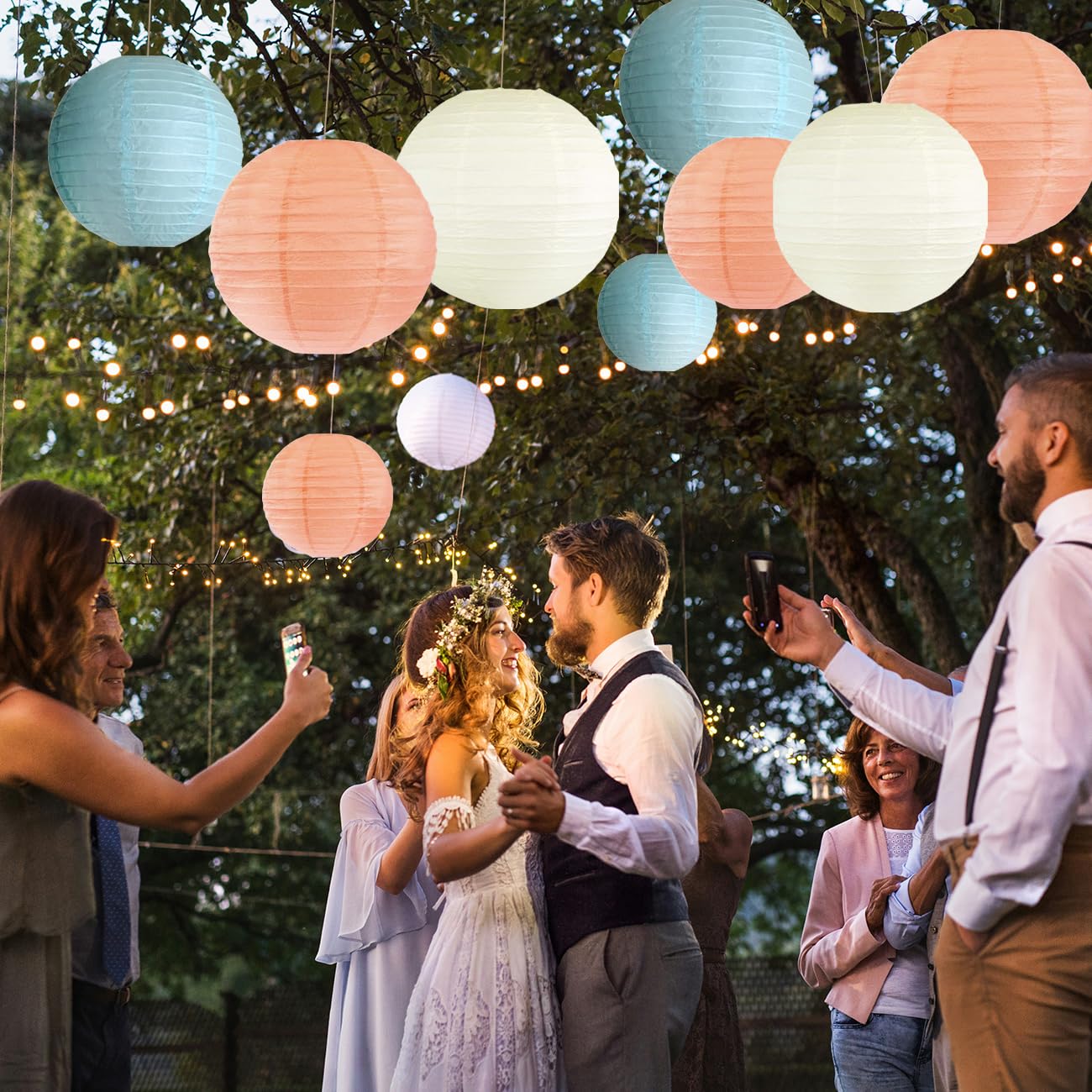 Foclover 12Pcs Peach Light Blue Ivory Hanging Round Chinese Paper Lanterns Decorative, For Decorations Thanksgiving Party Fall H