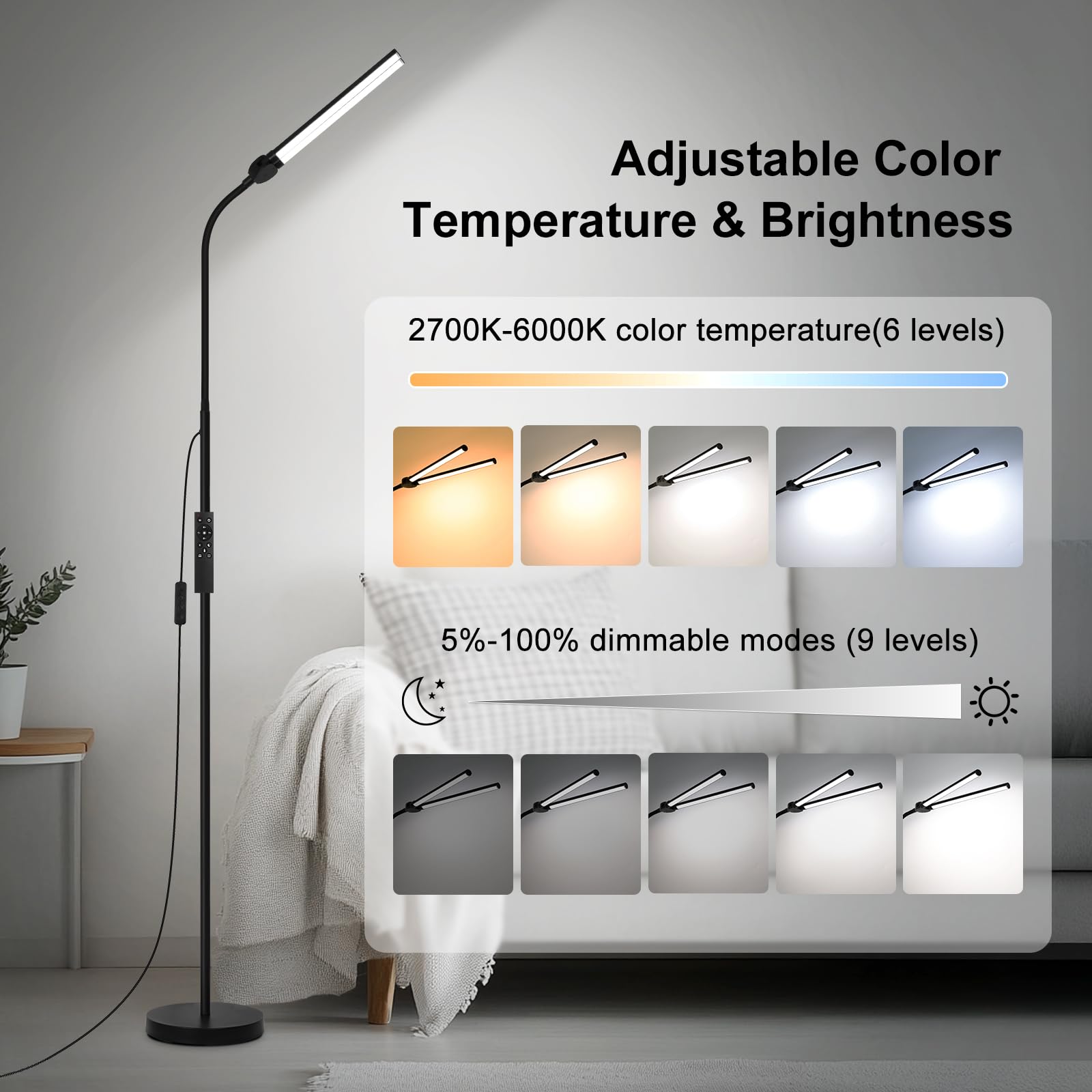 Led Floor Lamp With Remote Control, Bright 15W Floor Lamps For Living Room With Double Head, Adjustable Gooseneck Standing Lamp,