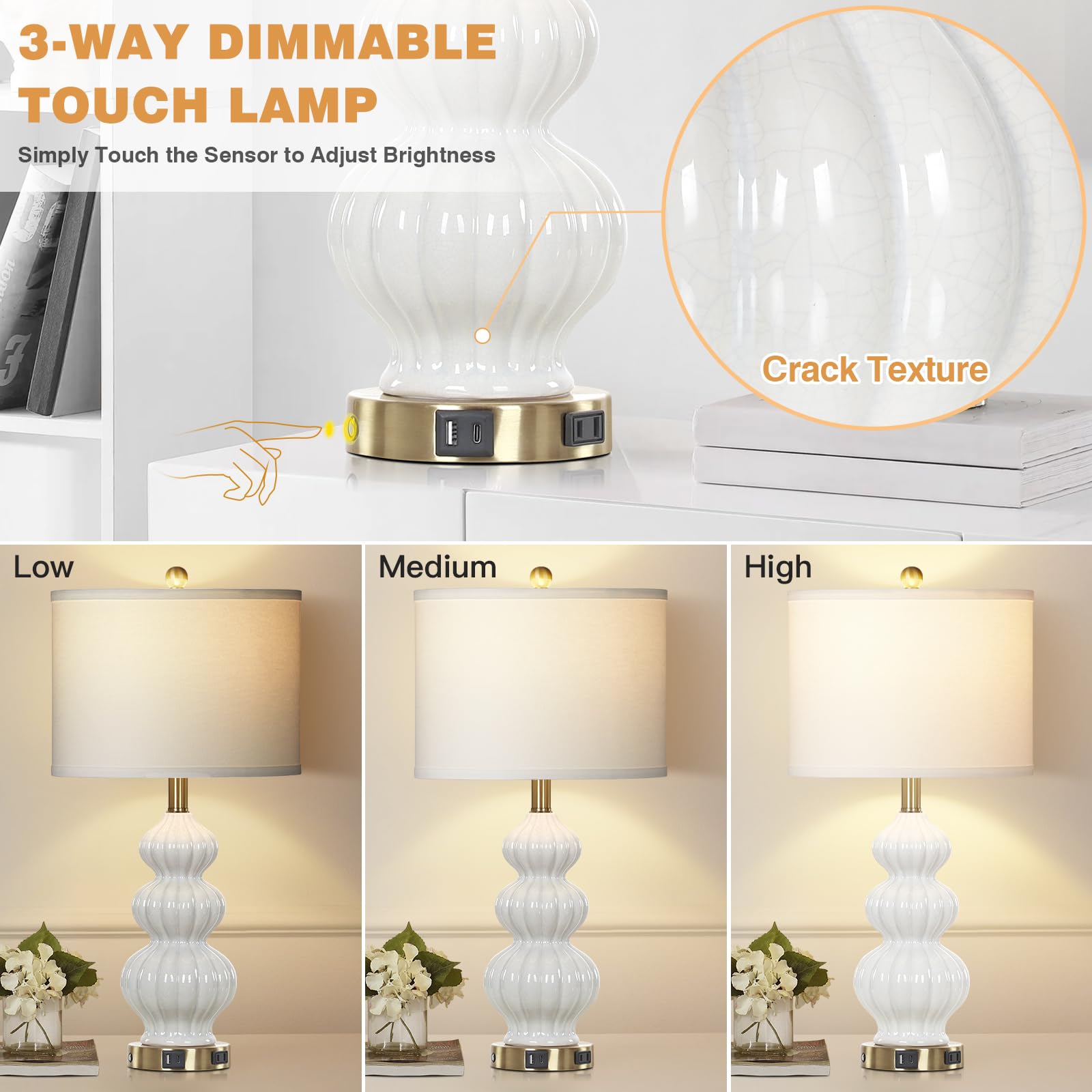 Rinweey Triple Gourd Ceramic Table Lamps Set of 2, White, Extra Large, 3-Way Touch Control, USB & AC Ports for Bedroom Living Room