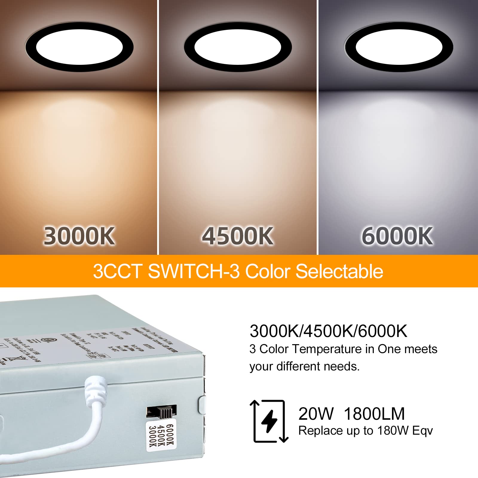 Lzhome 6 Pack 8 Inch Led Recessed Lighting With Junction Box Ultra-Thin, 3000K/4500K/6000K Selectable, 8'' Dimmable Canless Led