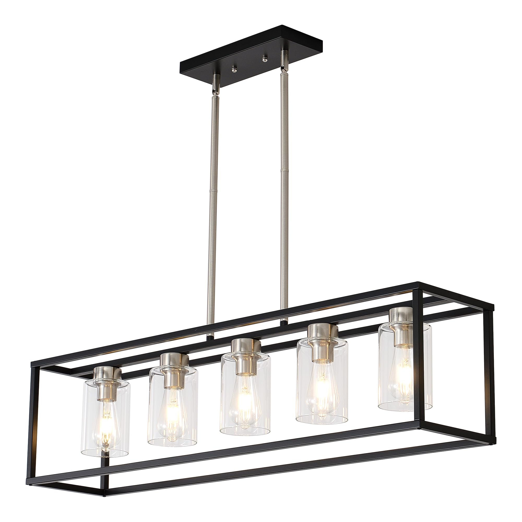 XILICON Brushed Nickel +Black l Dining Room Chandeliers Lighting Fixture Linear Pendant Modern 5-Light with Glass Shades Vintage