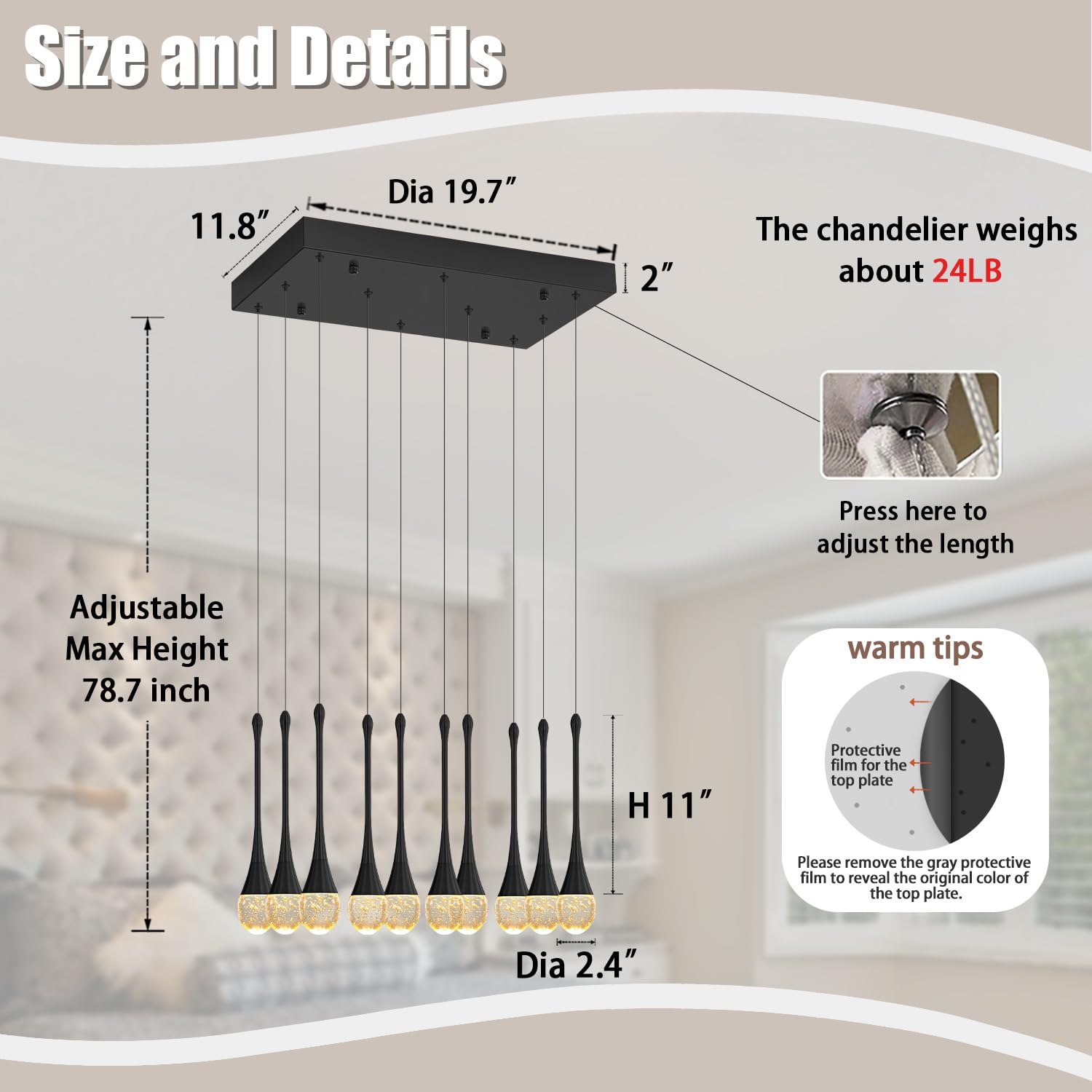 Ykolupty Rectangular Chandeliers For Living Room Black Dining Room Lights Fixture Raindrop Pendant Lights Kitchen Island Crystal