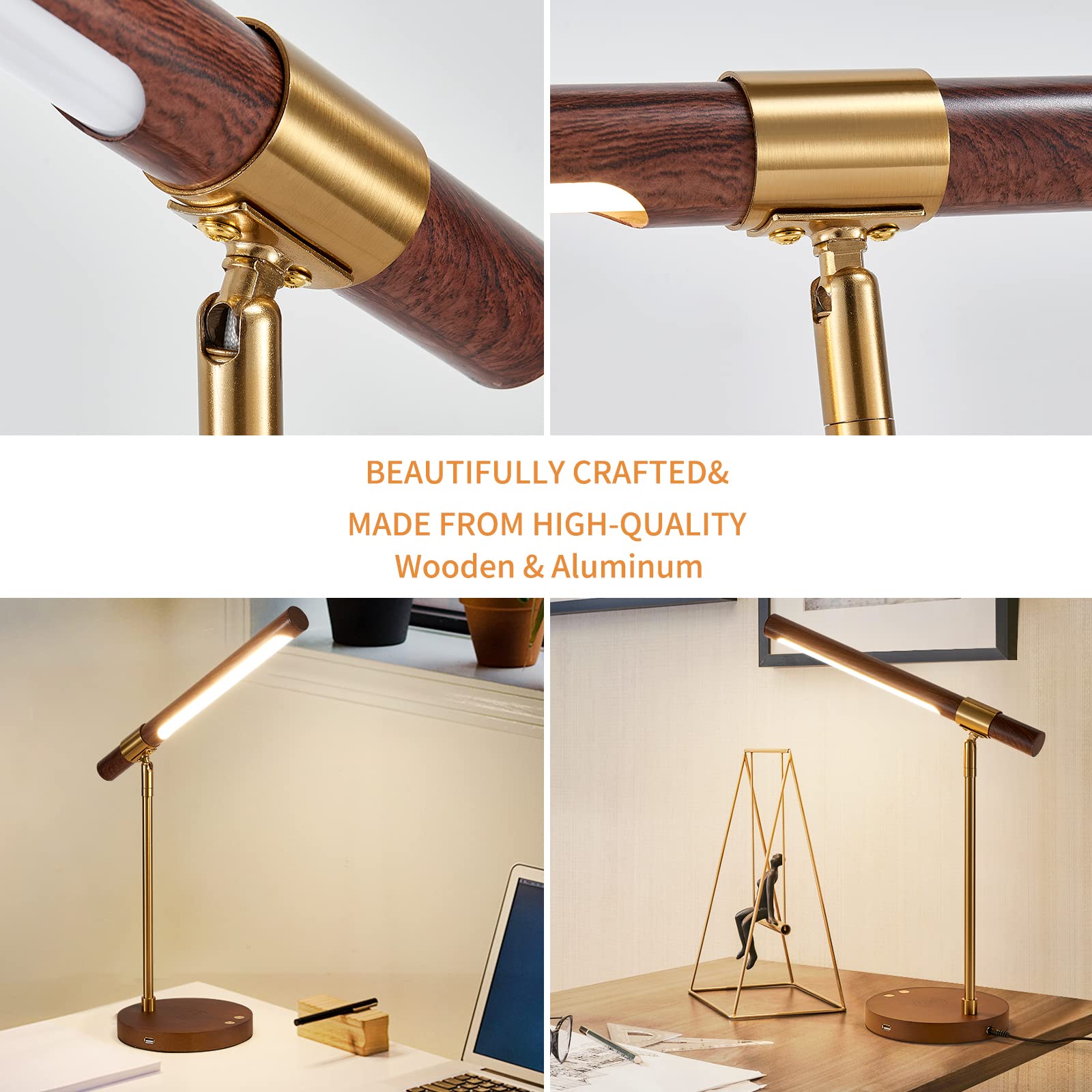 Myhaptim LED Desk Lamp with Wireless Charger, Touch Control, Eye-Caring Light, Gold