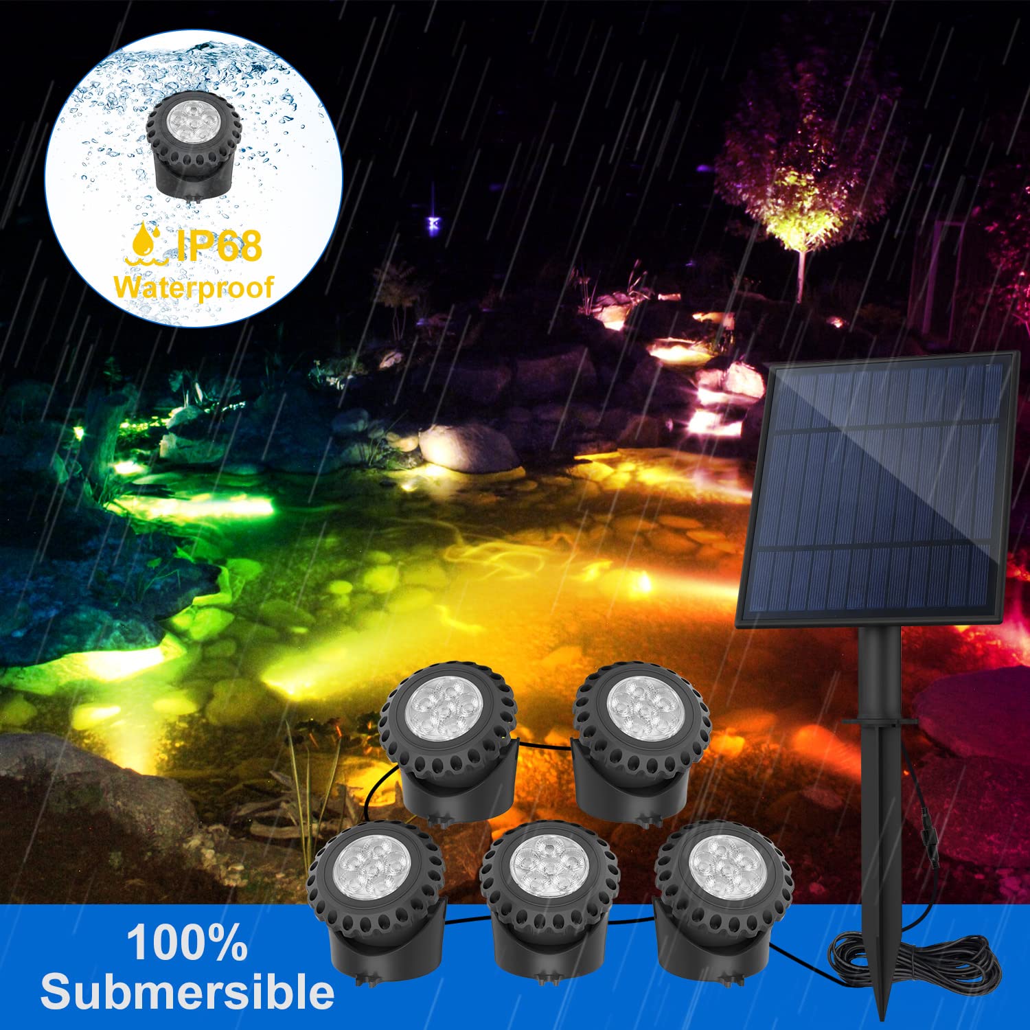 T-Sun Solar Pond Light - 5 Rgb Led Underwater Lights, Ip68 Waterproof For Garden & Aquarium