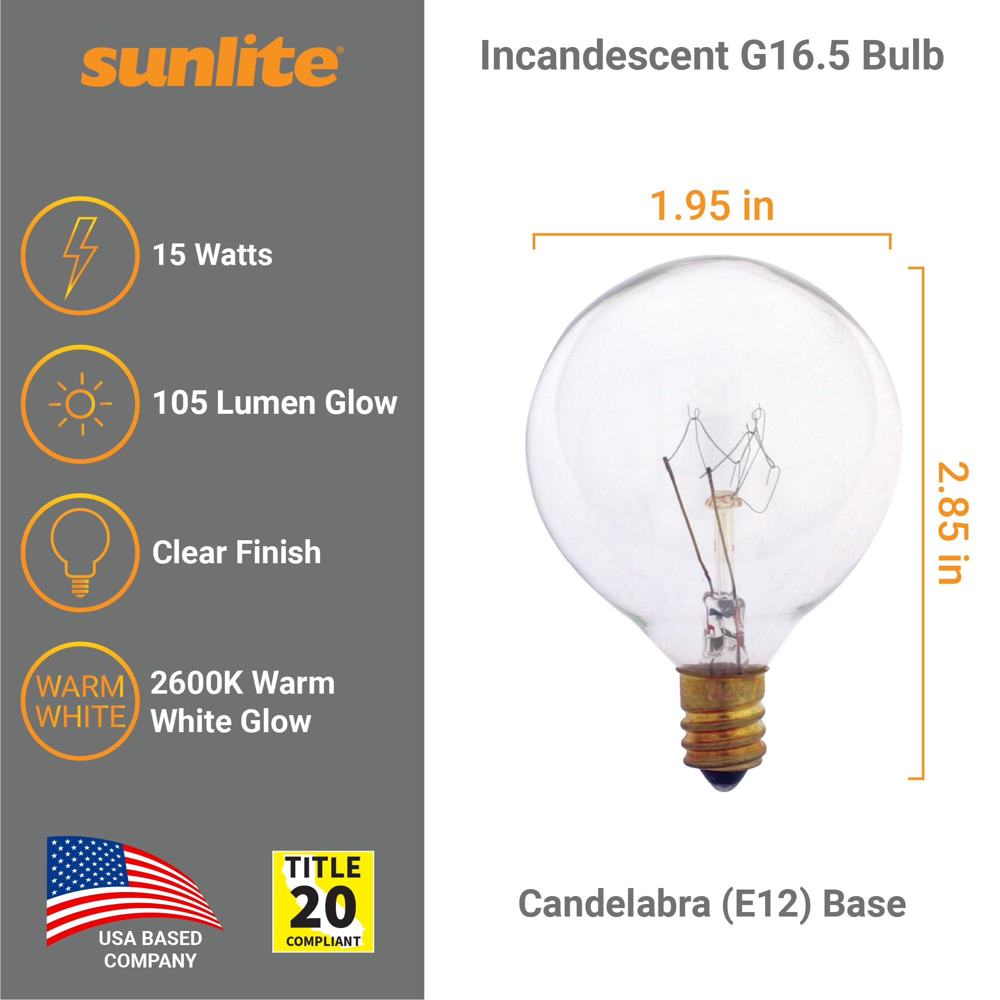 Sunlite G16.5 Globe Light Bulbs, 15W Candelabra Base (E12), 120V, Clear Incandescent, Dimmable, 12 Count, 2600