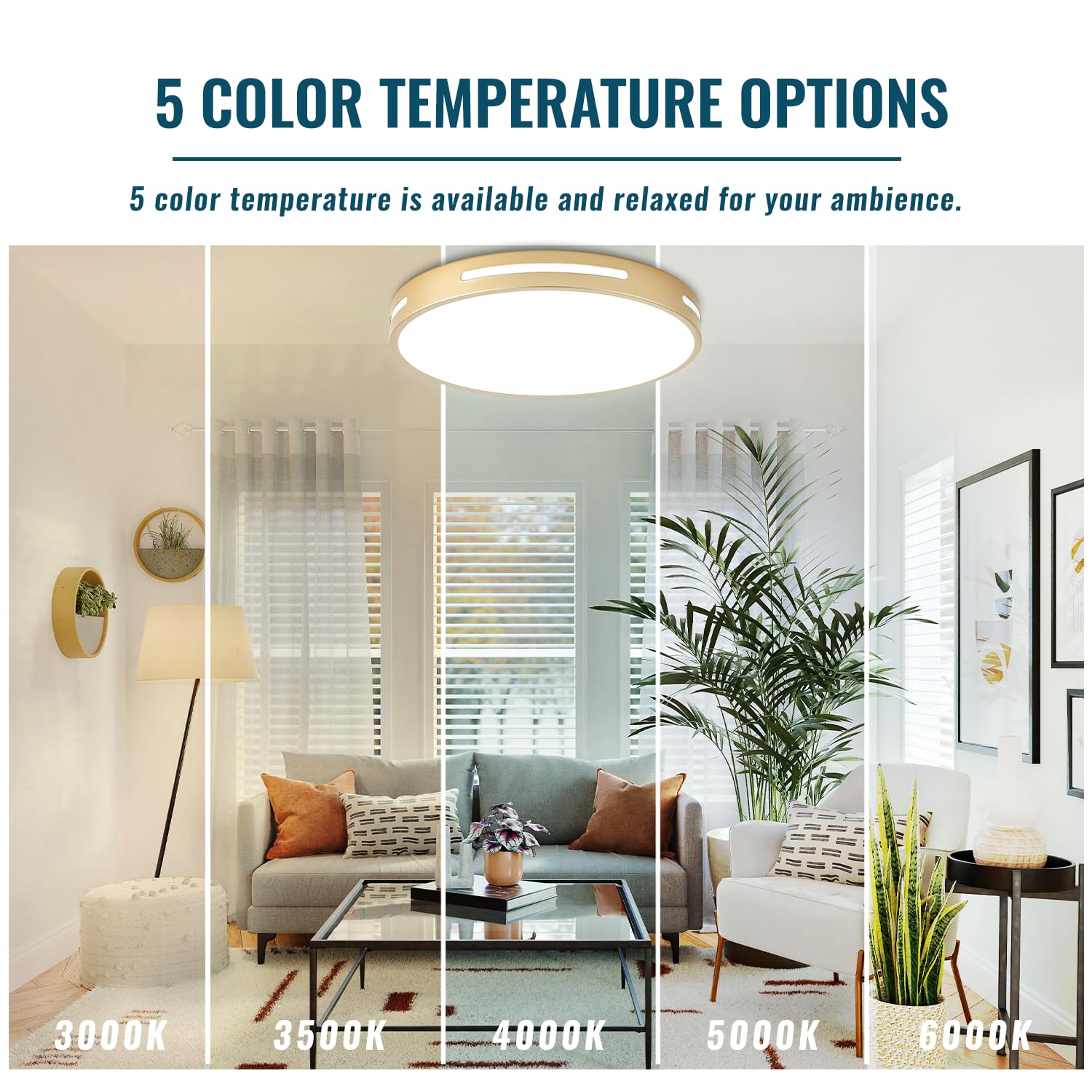 Wheatronic Gold Ceiling Light Flush Mount Led, 36W 15 Inch Kitchen Light Fixture Ceiling Mount Dimmable,Modern Close To Ceiling Light Fixture 5Cct For Bedroom, Bathroom,Living Room