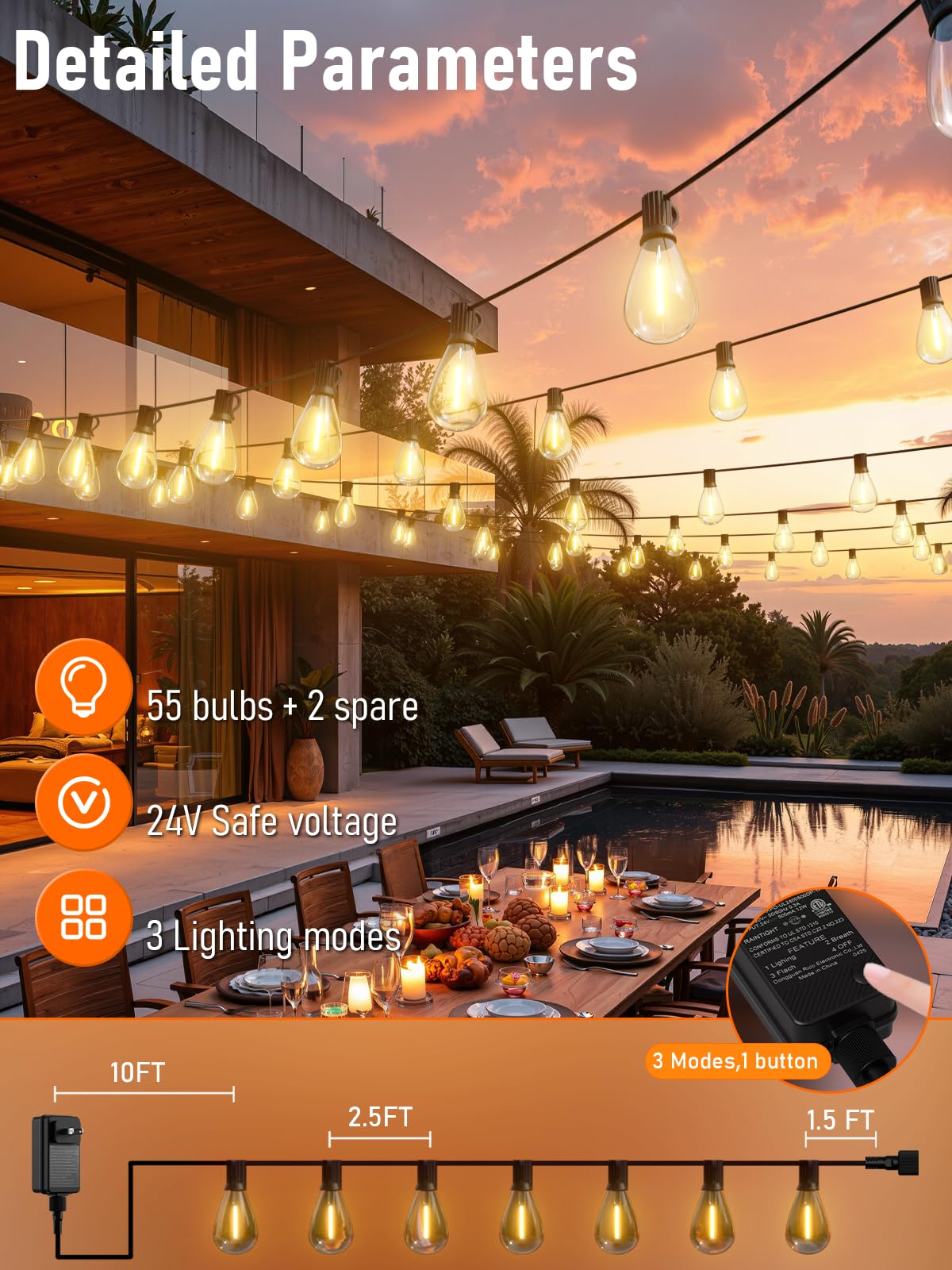 luckystyle LED Outdoor String Lights, 150FT, Warm White 2700K, Waterproof, Dimmable, 55+2 Shatterproof Bulbs, Model S11