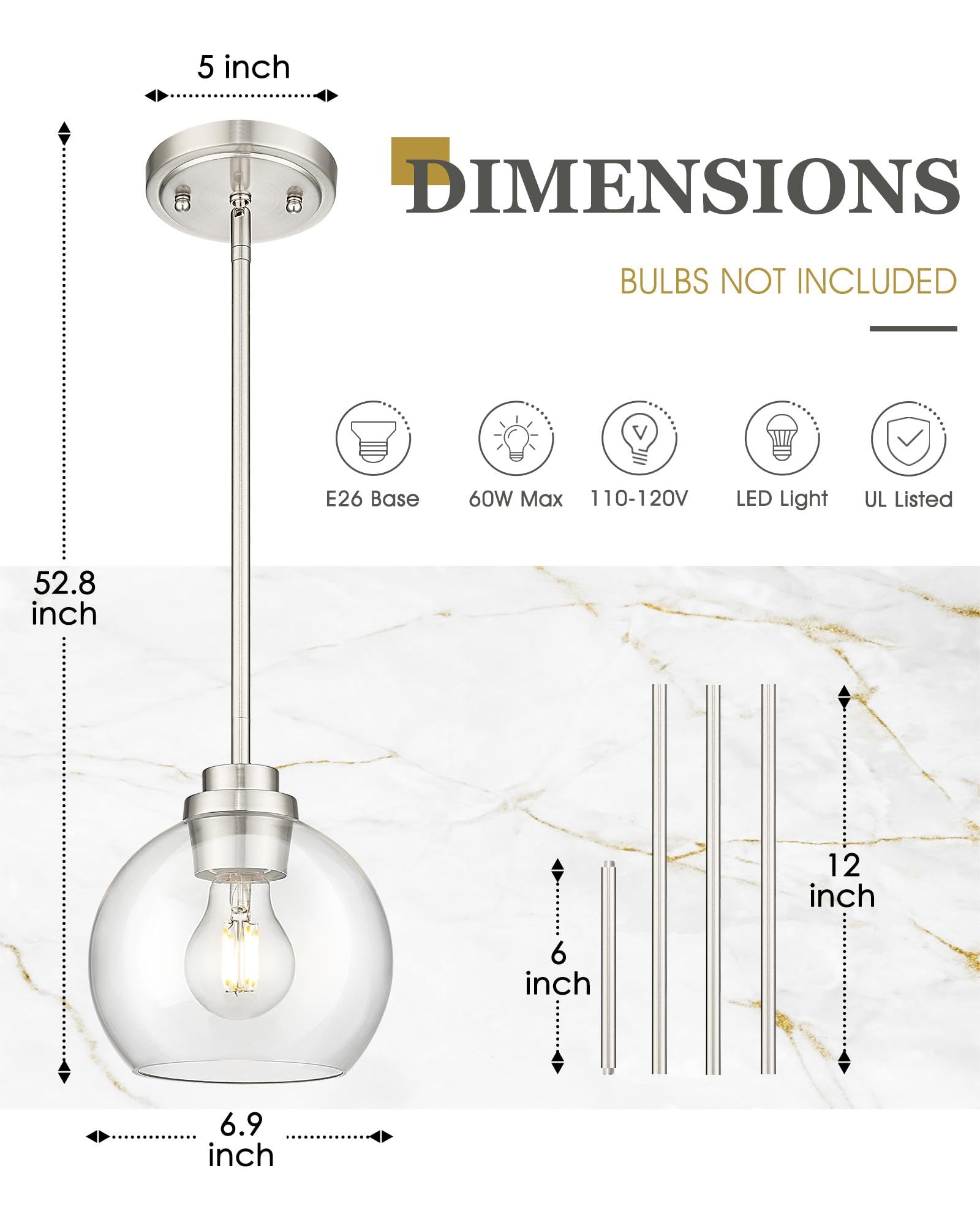Audickic Pendant Lights Kitchen Island 2 Pack, 7&quot; Modern Brushed Nickel Hanging Lights Fixtures With Clear Glass Globe Shade, Kitchen Island Lighting For Bathroom, Ad-22280-1P2-Sn-C
