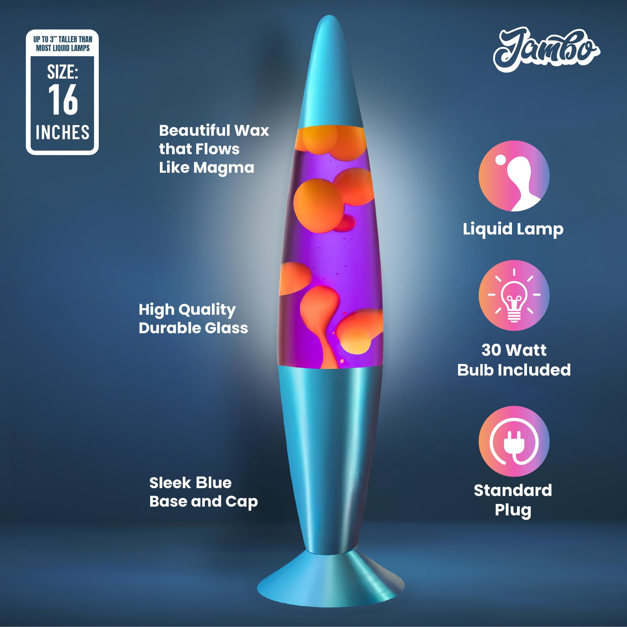 Jambo Liquid Motion Lamp - 16in Glass Lamp, Blue Base, Purple Liquid, Yellow Wax