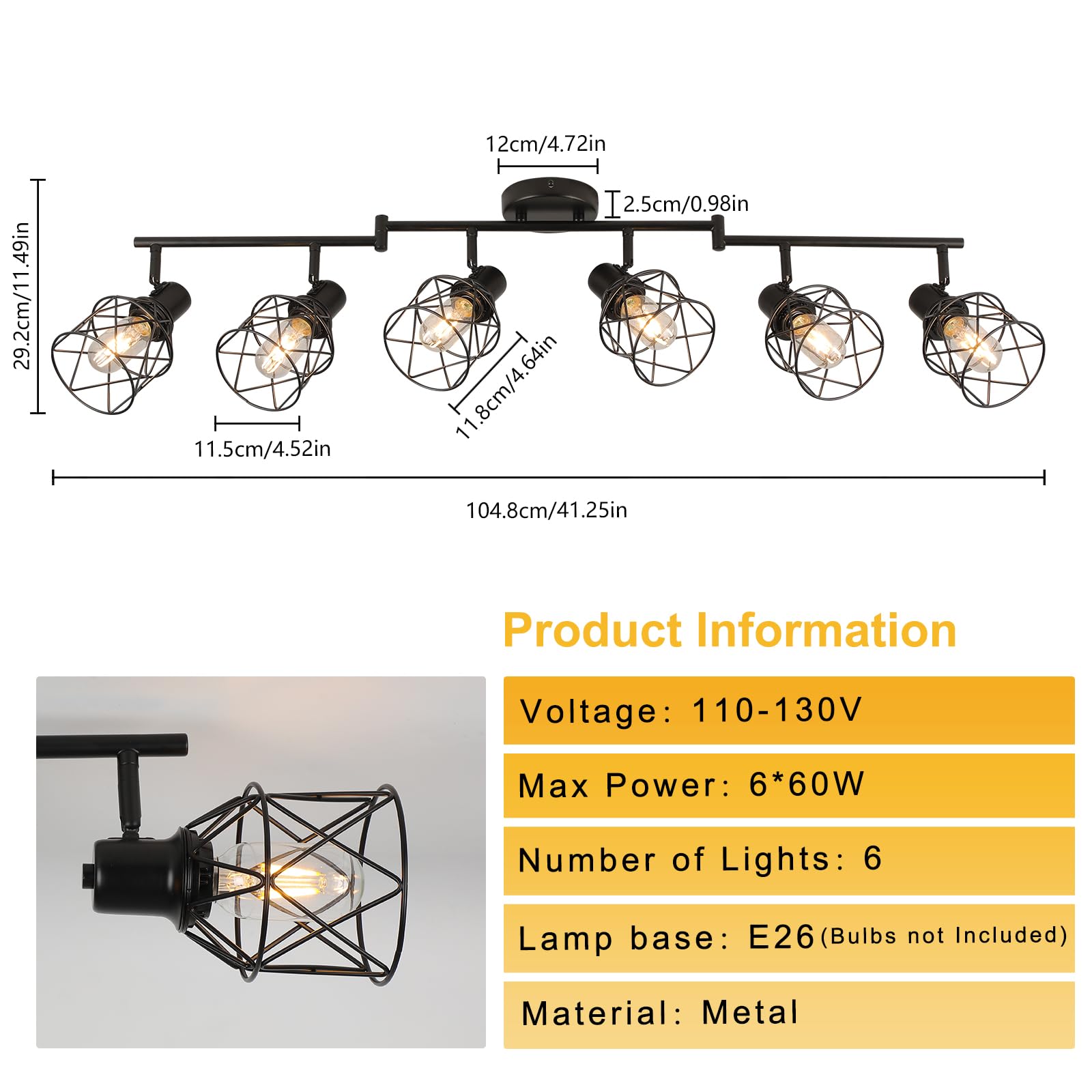 Wilon 6 Light Track Lighting Kit 6 Way Ceiling Spotlight-Industrial Flush Mount Ceiling Light Black Kitchen Ceiling Light Fixtures Kitchen Track Lighting Flexibly Rotatable Light Head E26 Base