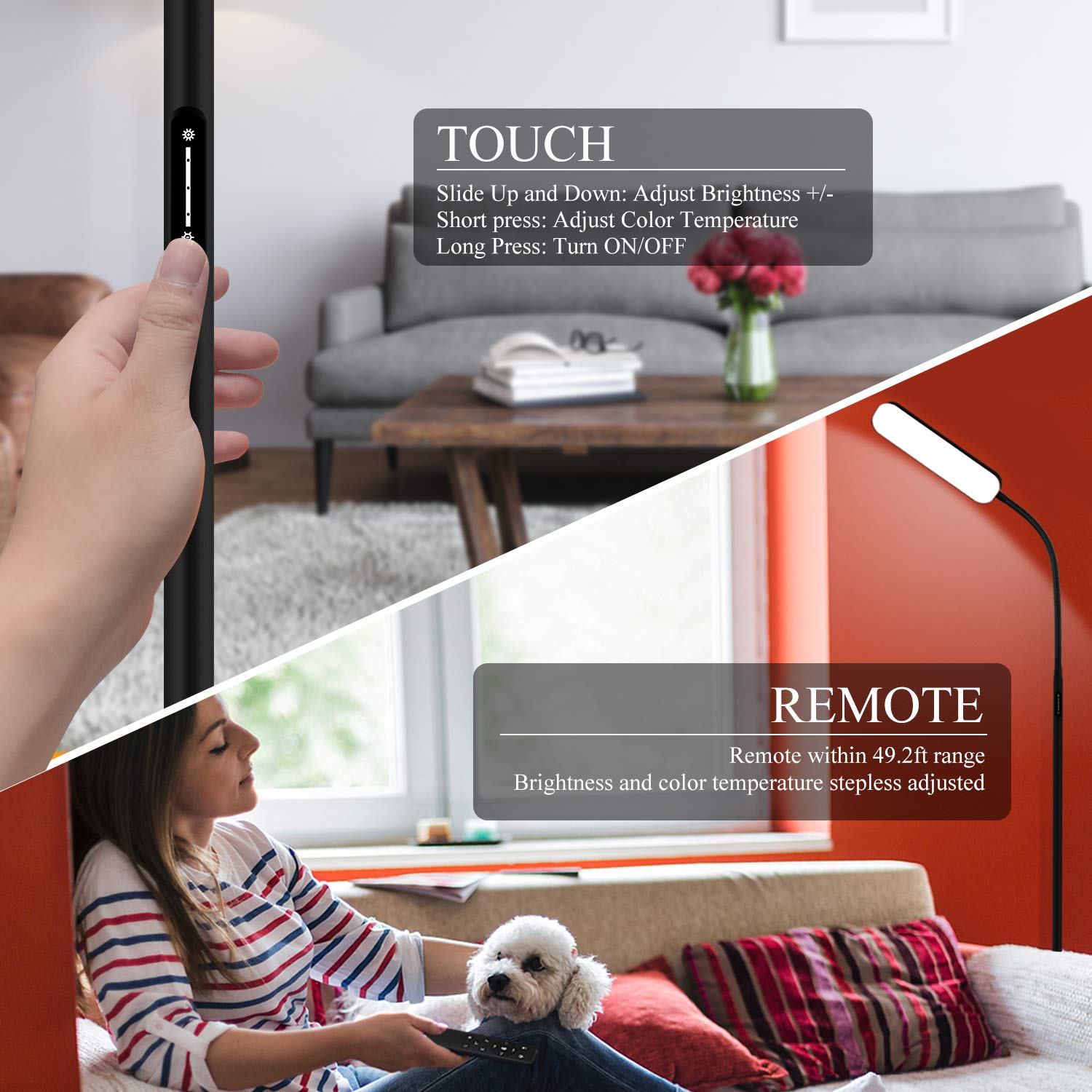 Wio-Mio 15W Led Floor Lamp, Adjustable 3000K-6000K, Remote & Touch Control, Matte Black