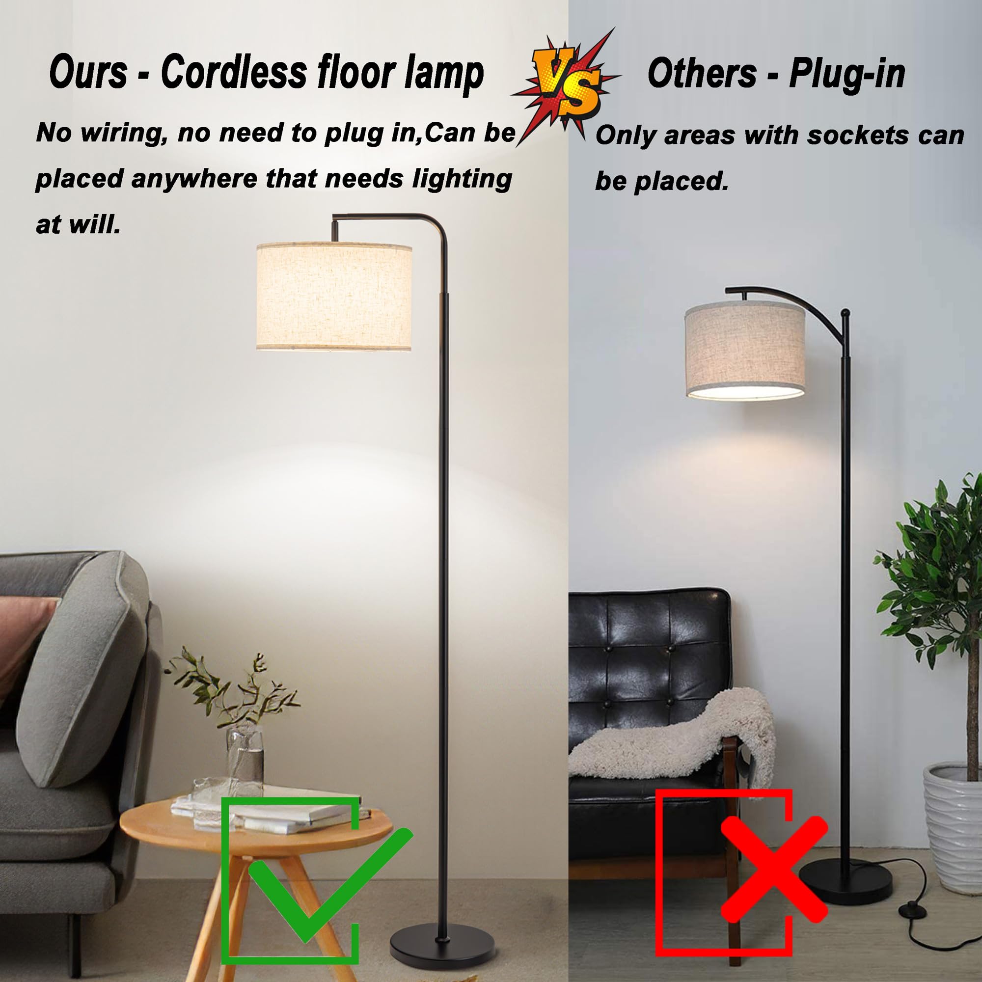 Nekhung Battery Operated Floor Lamp with Remote Control,Dimmable Cordless Floor Lamp for Living Room,Portable Arc Standing Lamp