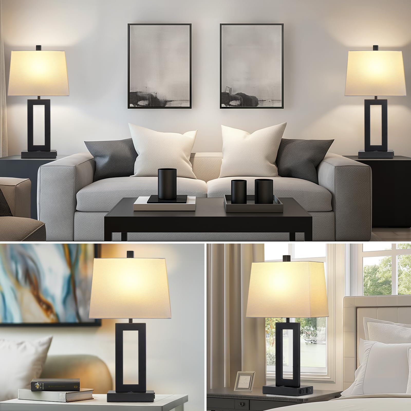 Cinkeda Table Lamp Set of 2 - Modern USB C+A Ports & AC Outlet, Black Shade, Ideal for Bedroom & Living Room, Model TD-CK-376