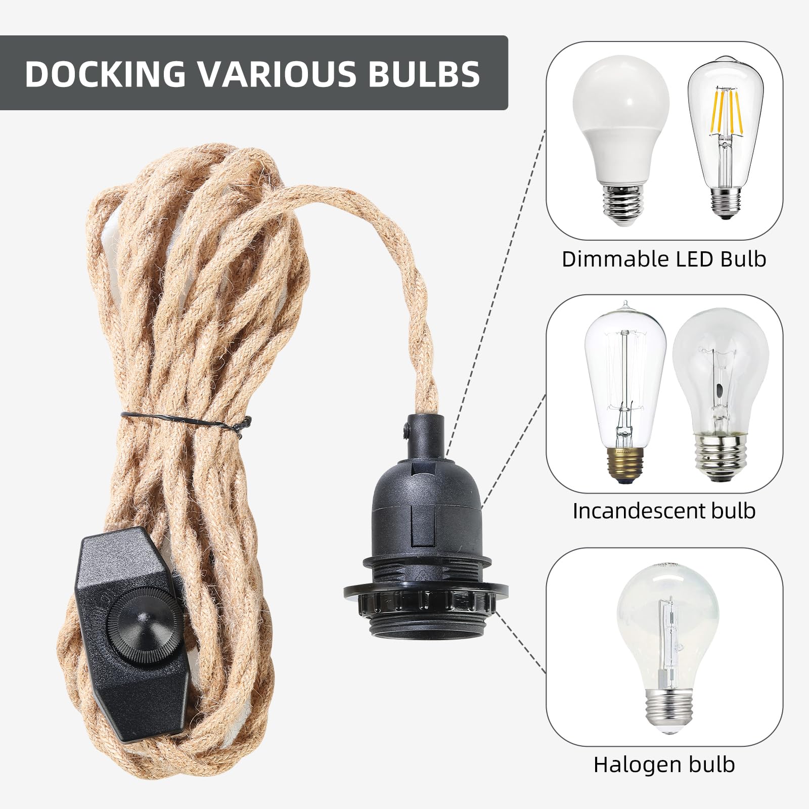 Plug In Hanging Diy Light Fixture,14.8Ft Pendant Lamp Lights Rope Cord E26 Bulbs Socket (Natural Brown+Hemp Rope+Dimmable Switch