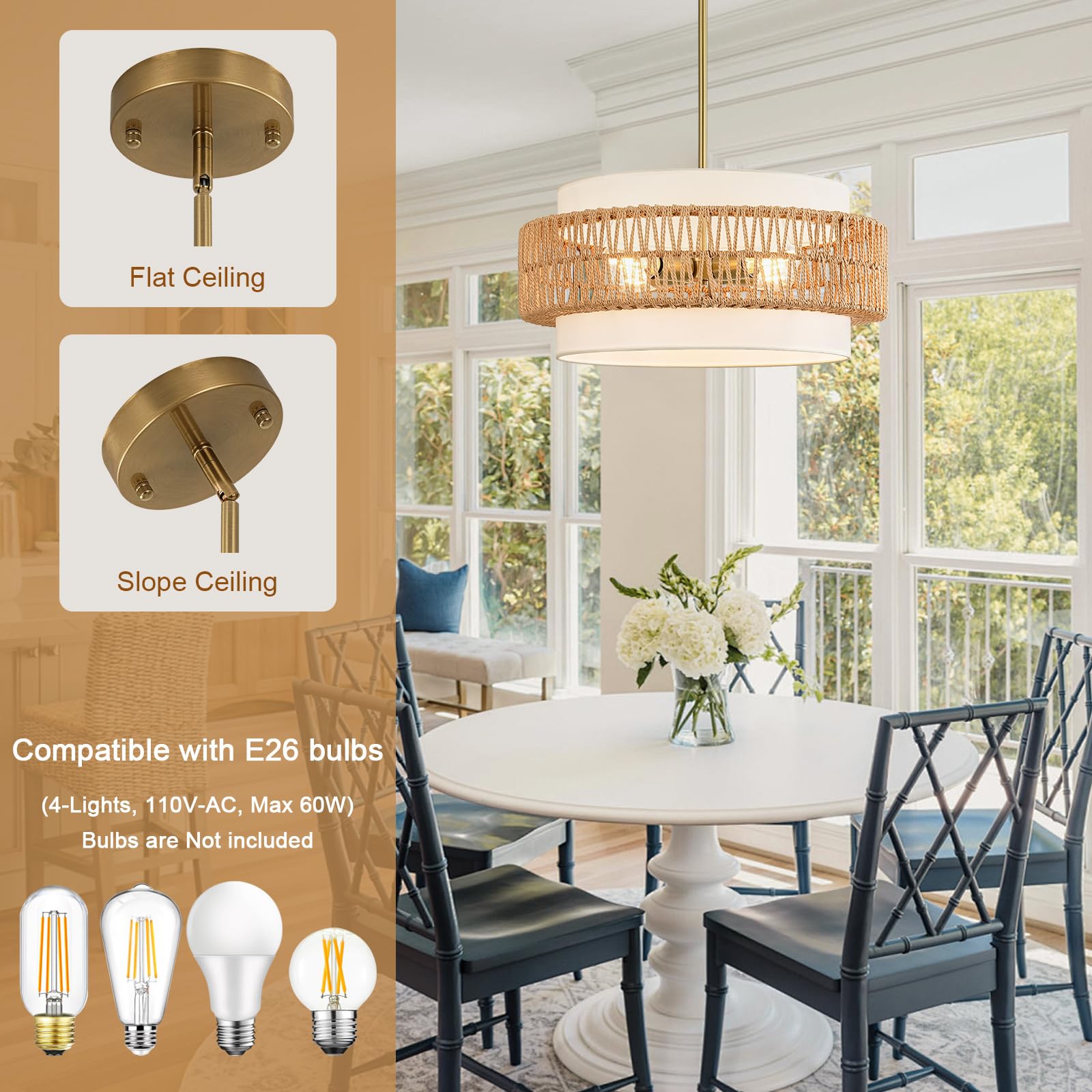 Outiron 19.7'' Boho Rattan Chandelier, 4-Light Large Rattan Pendant Light With Fabric Shade, Boho Drum Ceiling Hanging Light Fix