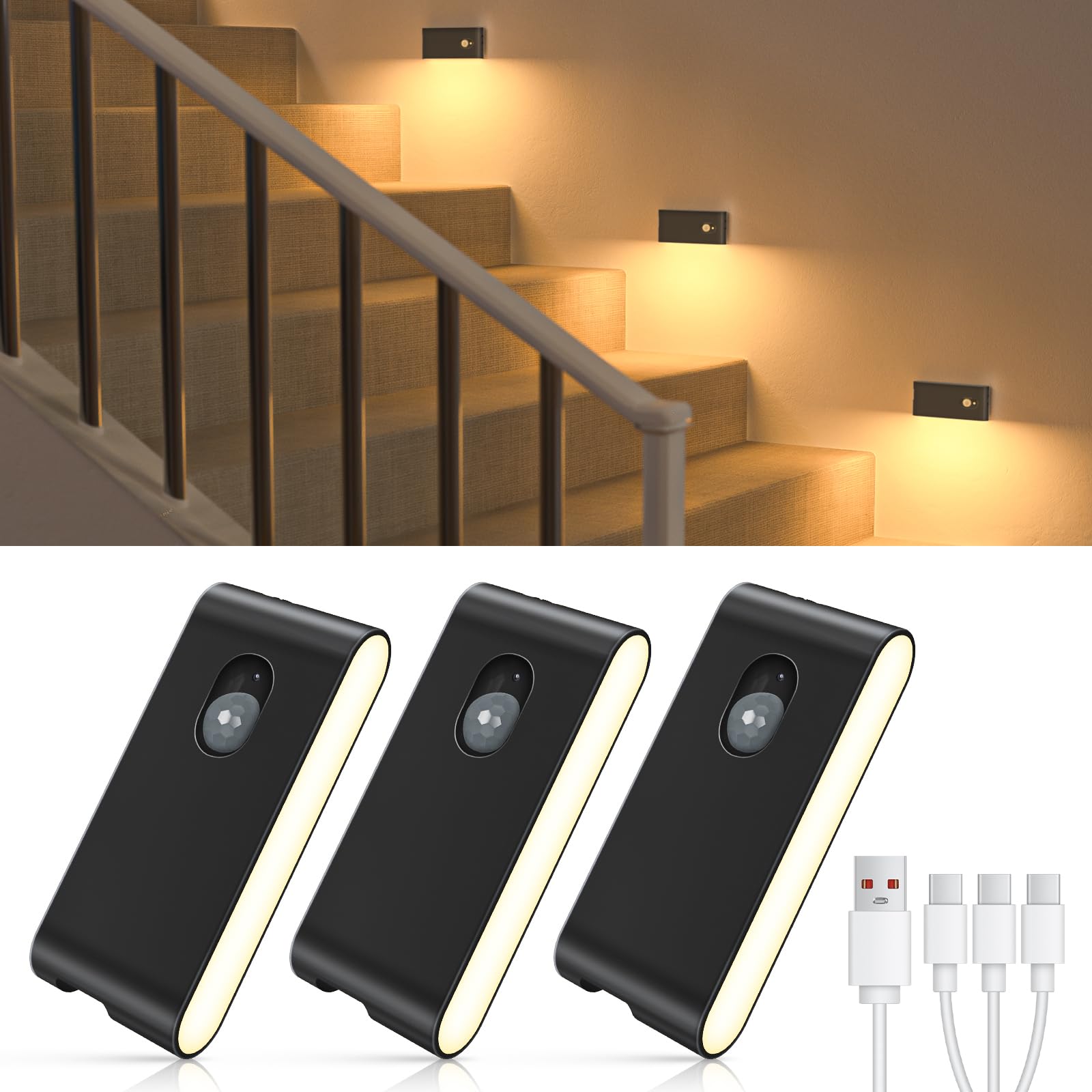 WILLED Rechargeable Night Light, Wireless Stair Lights Indoor, Warm White Motion Sensor Light Indoor, Stick-Anywhere, Battery Po