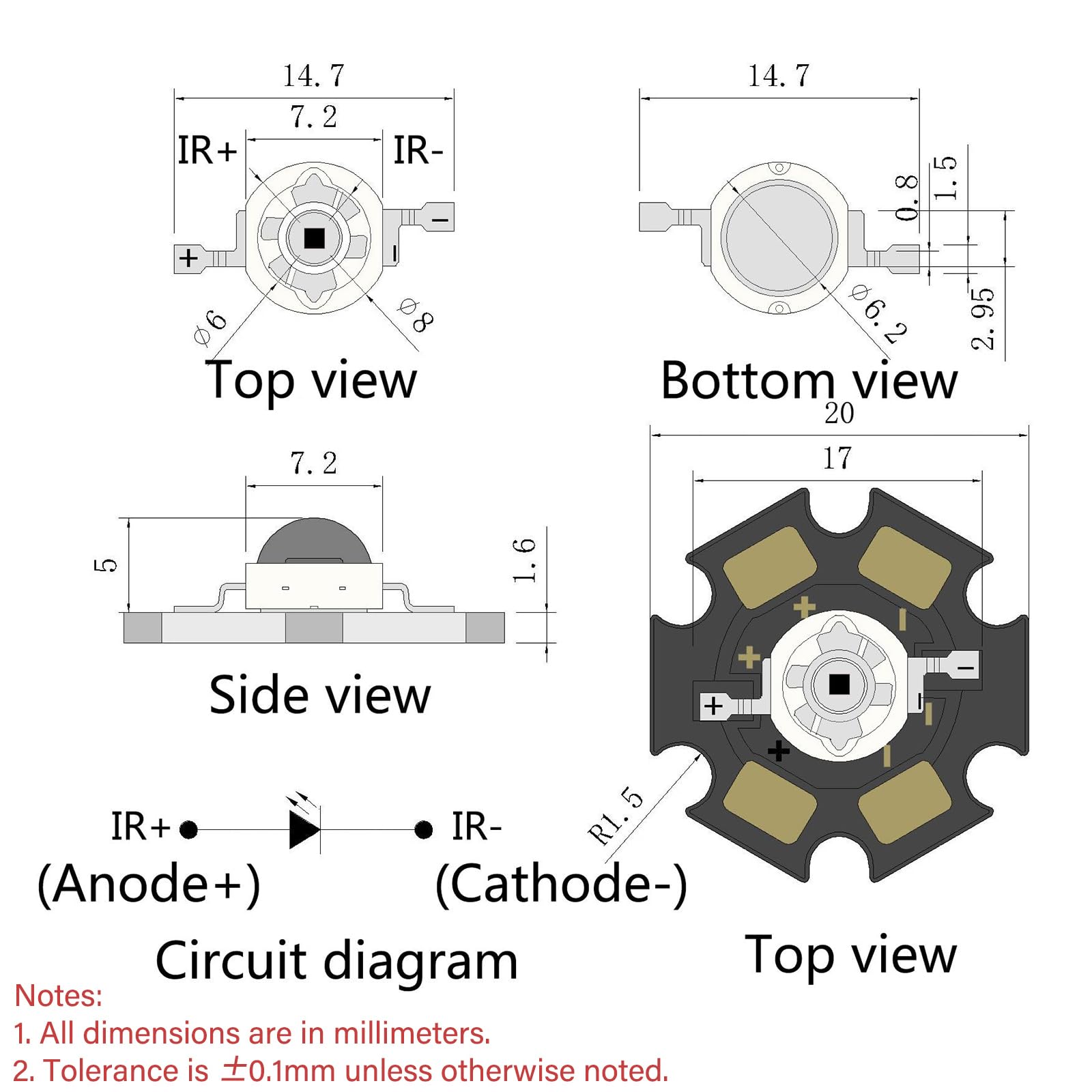 Ledguhon 5Pcs 1050Nm Ir 3W High Power Led Chip Infrared Emitting Illuminator With Aluminum Plate 20Mm Star Pcb Base Heat Sink Fo