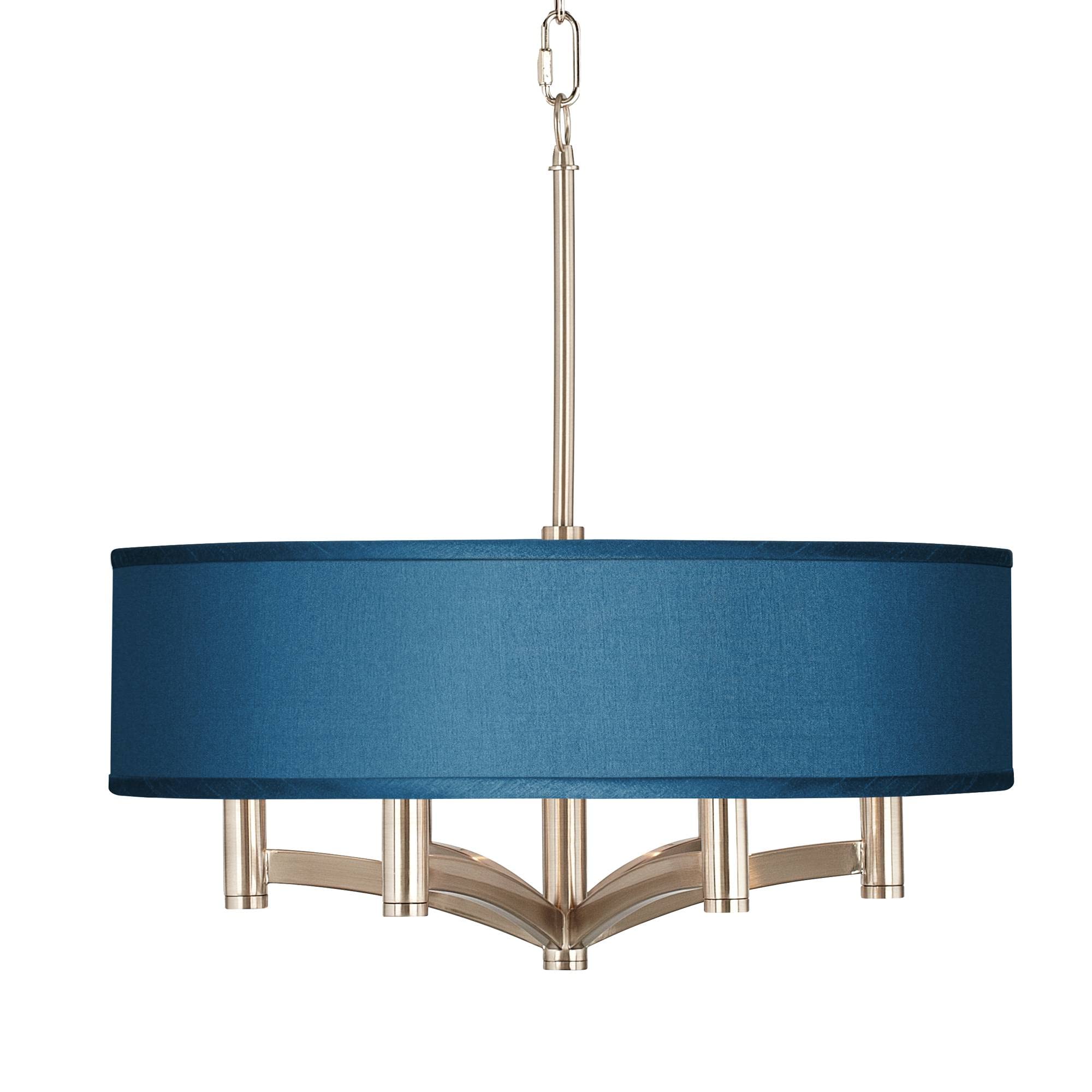 Possini Euro Design Ava Brushed Nickel Pendant Chandelier 20 Wide Modern Blue Faux Silk Drum Shade 6-Light Fixture for Dining Ro