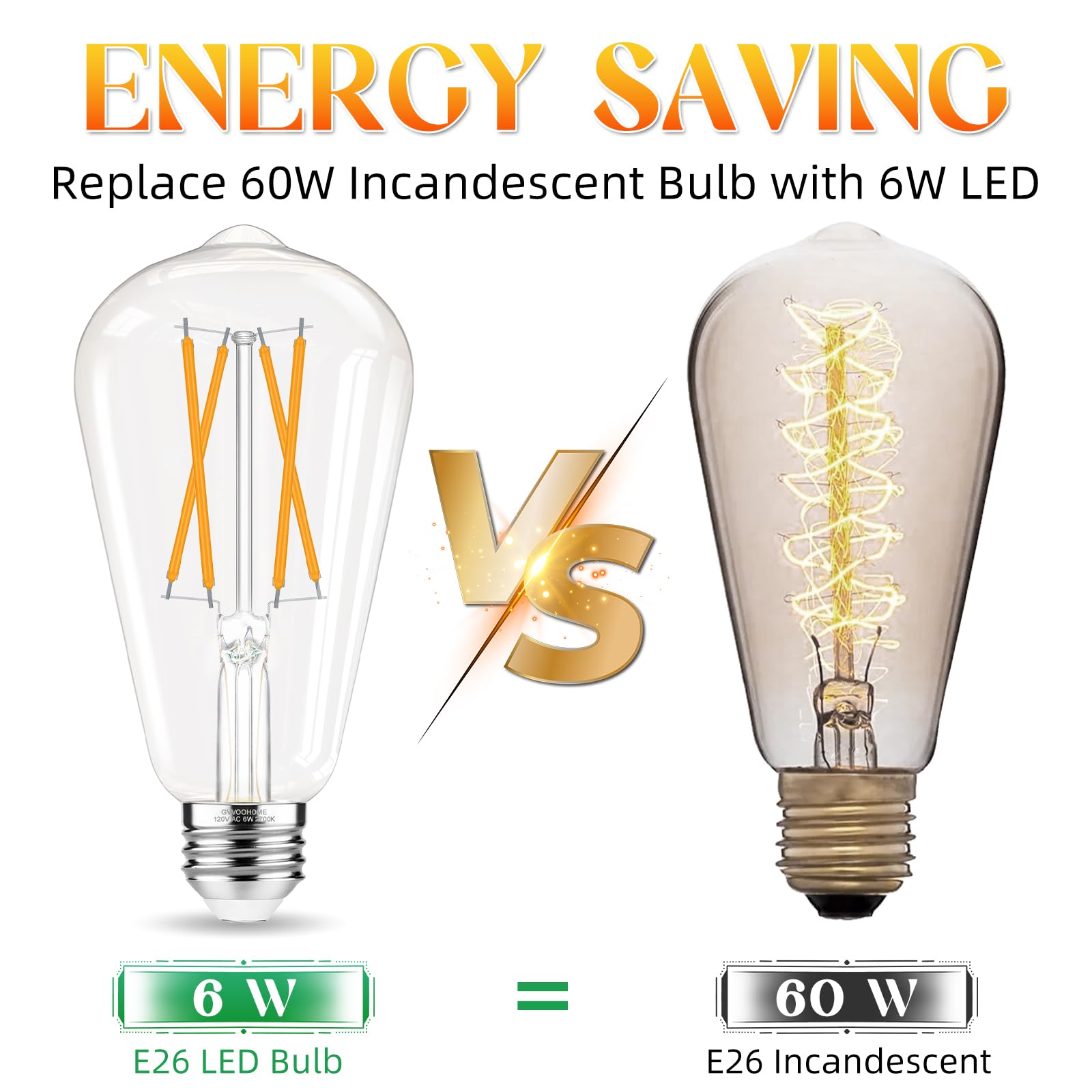 Gvvoohome Led Edison Bulbs, E26 Bulb 60 Watt Non-Dimmable, Soft White 2700K, St58 Vintage Light Bulbs, 90+ Cri, 6W 600Lm, E26 Me