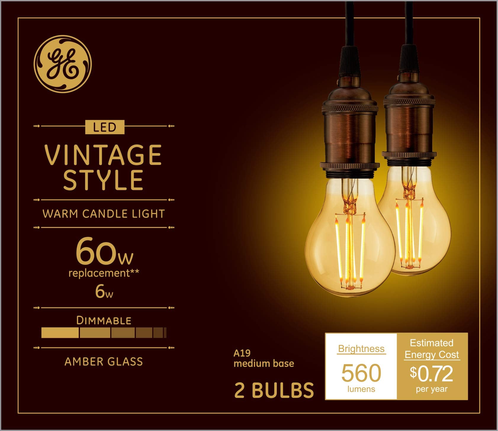 GE Vintage Style LED Light Bulbs, 6W (60W Equivalent), Dimmable, Amber Glass, 2 Pack