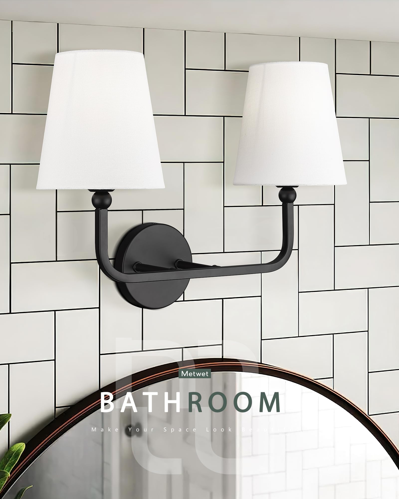 METWET 2-Light Bathroom Vanity Light, Modern Matte Black Metal Fixtures with Flared White Fabric Shade for Home, VL837-MB-2