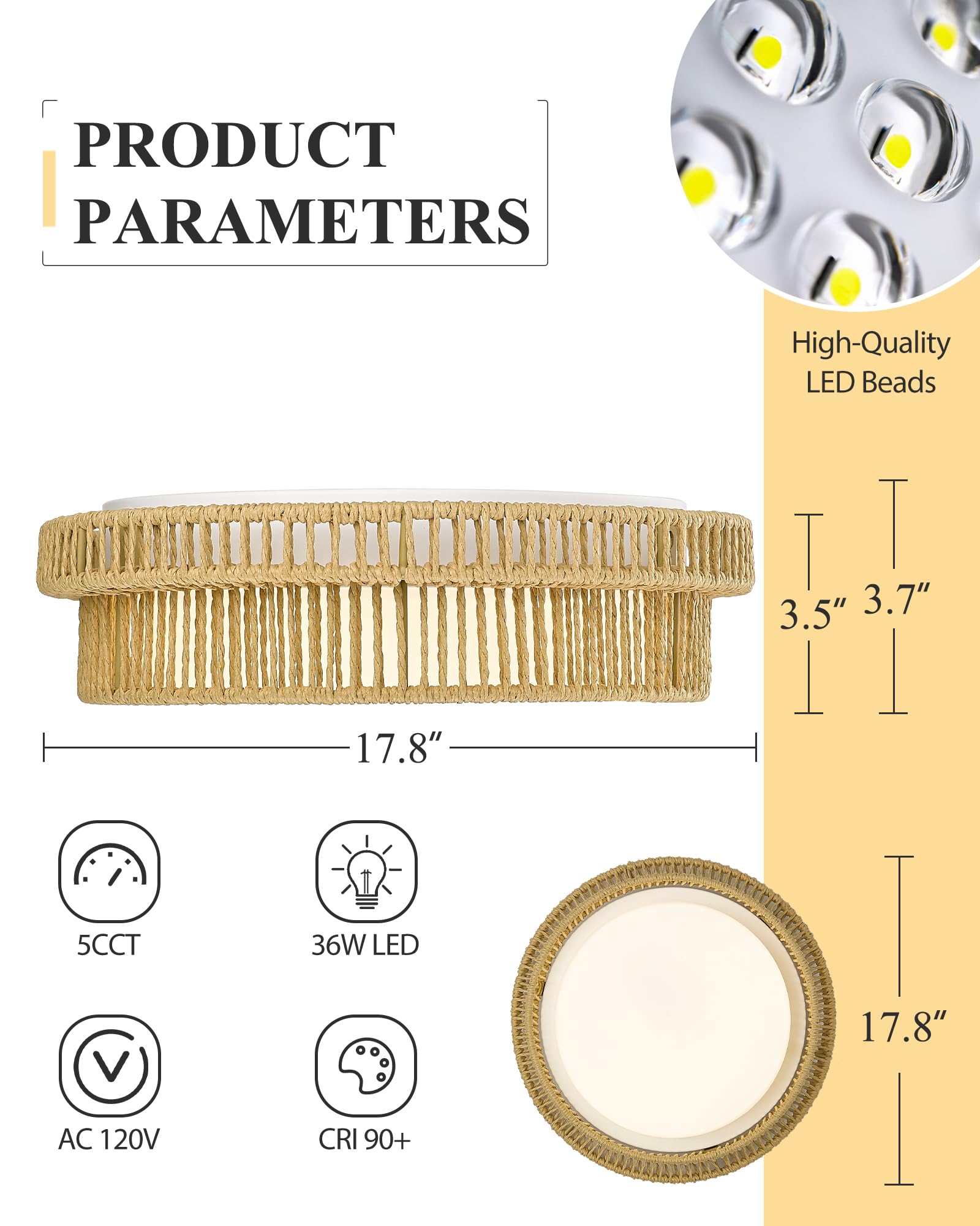 HWH INVESTMENT Boho Ceiling Light Fixture, 18in  Rattan, Remote Control, 36W LED, Beige, Model 5HYS78LF-LED