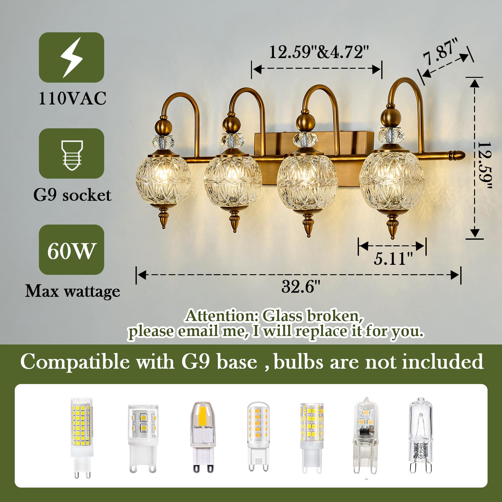 Piepooye Vintage Bathroom Light Fixtures - 4 Light Gold Vanity Sconce with Glass Globe, Brushed Brass, Model R-3033, Ideal for Indoor Use