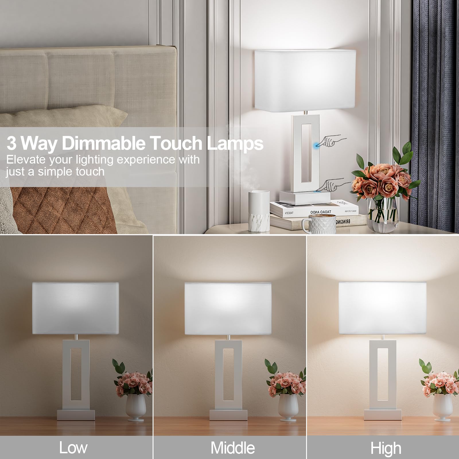 Bedroom Table Lamps Set Of 2 - White Silver Touch Bedside Lamps With Usb C+A, 3 Way Dimmable Gold Lamp For Nightstand, Modern Ni